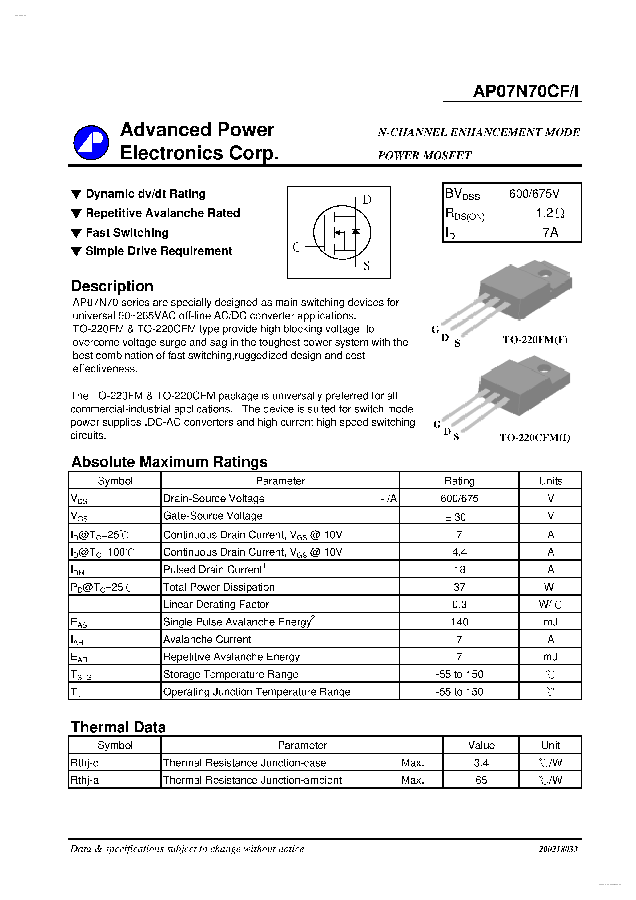 Datasheet AP07N70CF - N-CHANNEL ENHANCEMENT MODE POWER MOSFET page 1