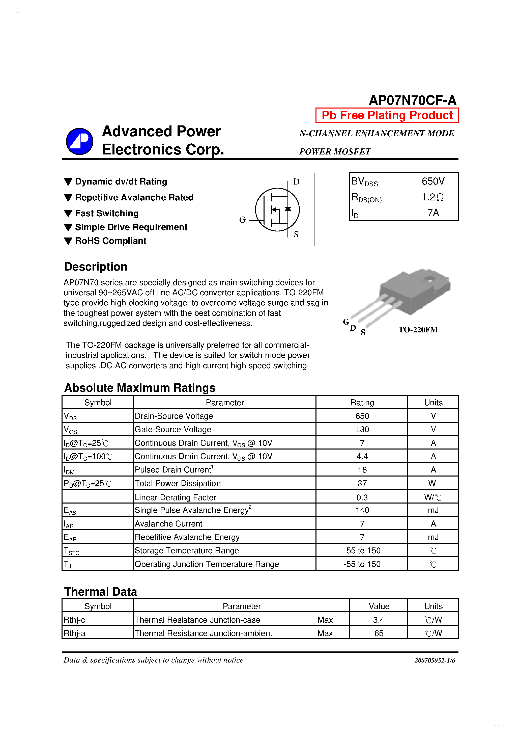 Datasheet AP07N70CF-A - N-CHANNEL ENHANCEMENT MODE POWER MOSFET page 1