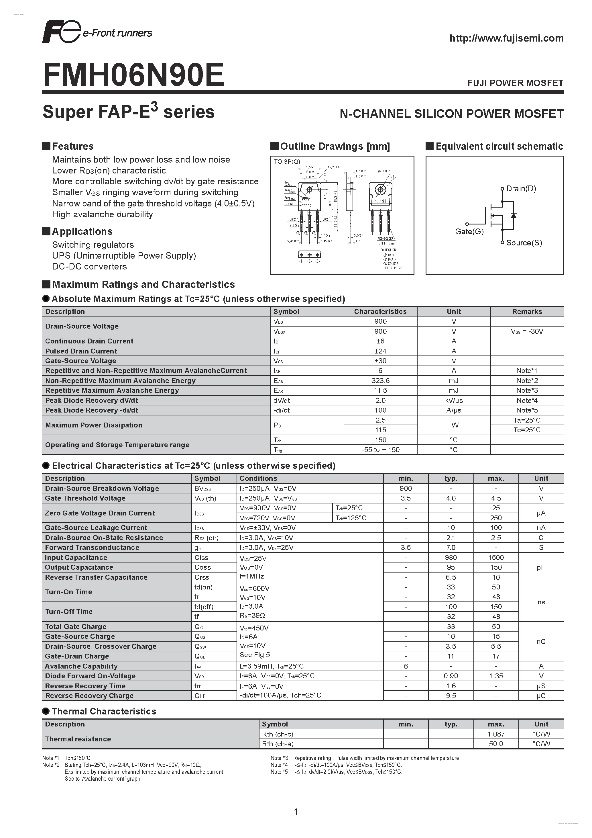 Datasheet FMH06N90E - N-CHANNEL SILICON POWER MOSFET page 1