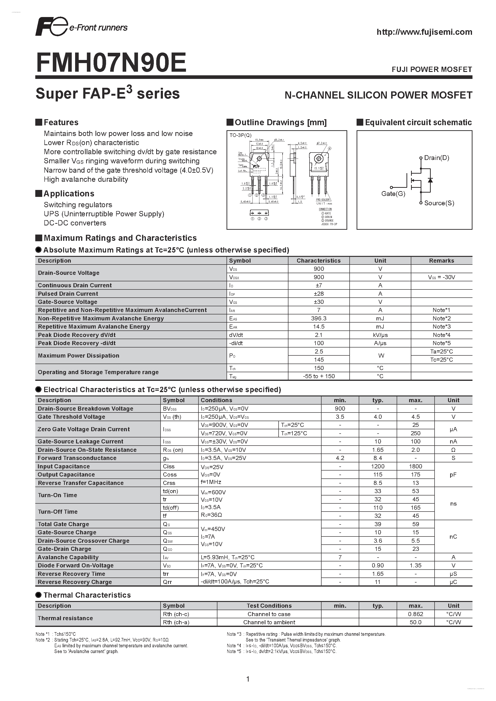 Datasheet FMH07N90E - N-CHANNEL SILICON POWER MOSFET page 1