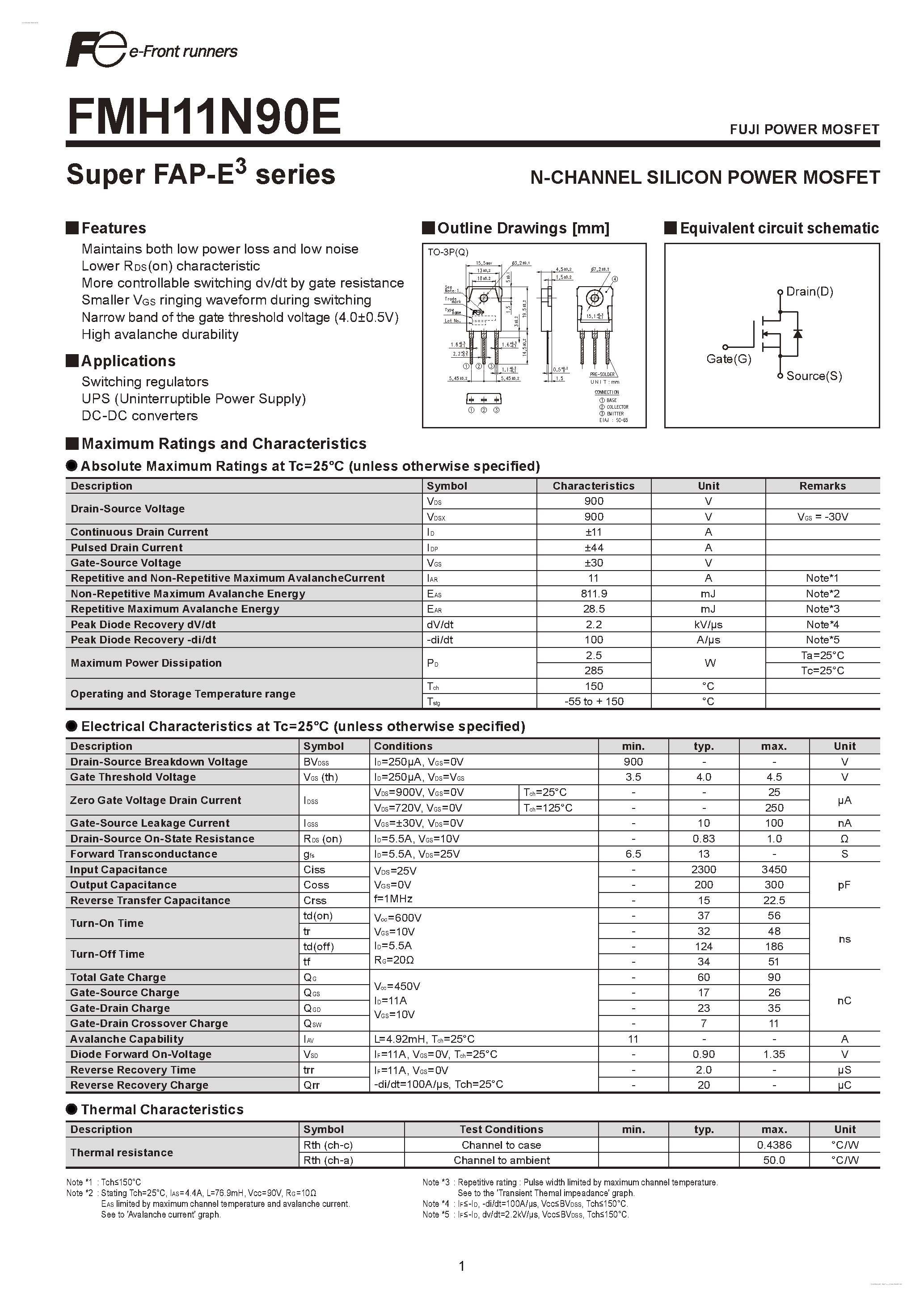 Datasheet FMH11N90E - N-CHANNEL SILICON POWER MOSFET page 1