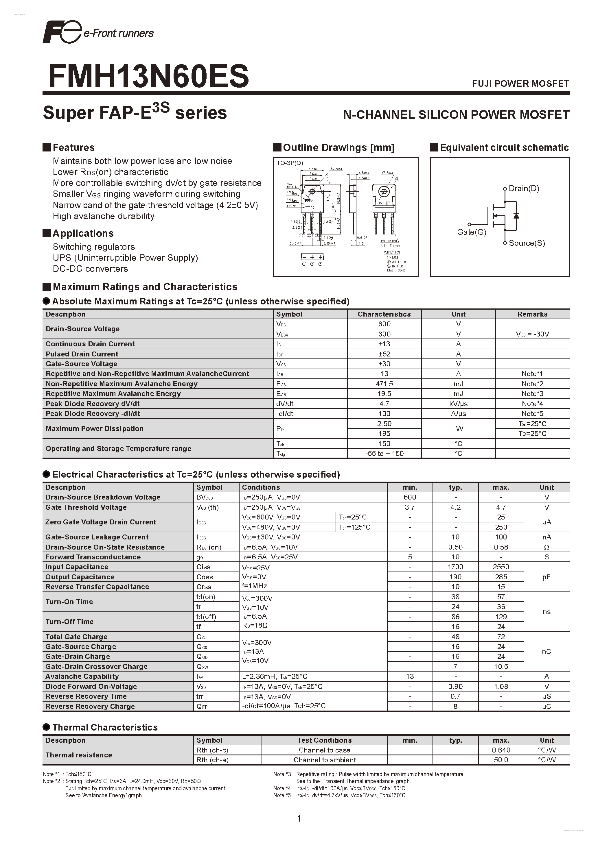 Datasheet FMH13N60ES - N-CHANNEL SILICON POWER MOSFET page 1