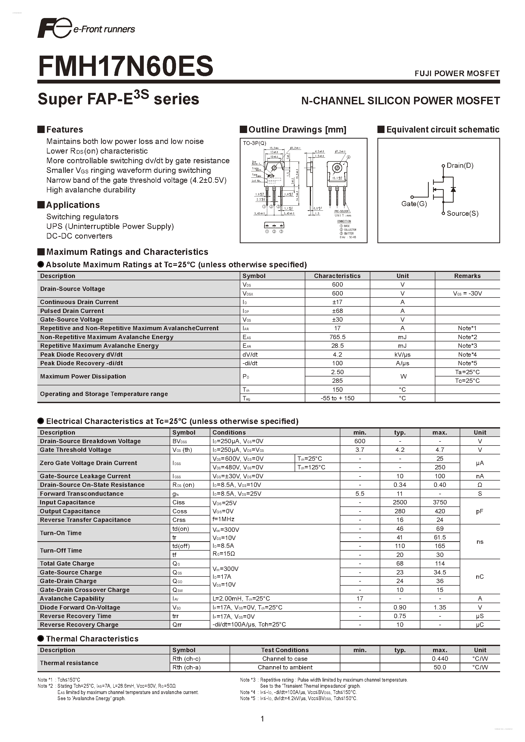 Datasheet FMH17N60ES - N-CHANNEL SILICON POWER MOSFET page 1