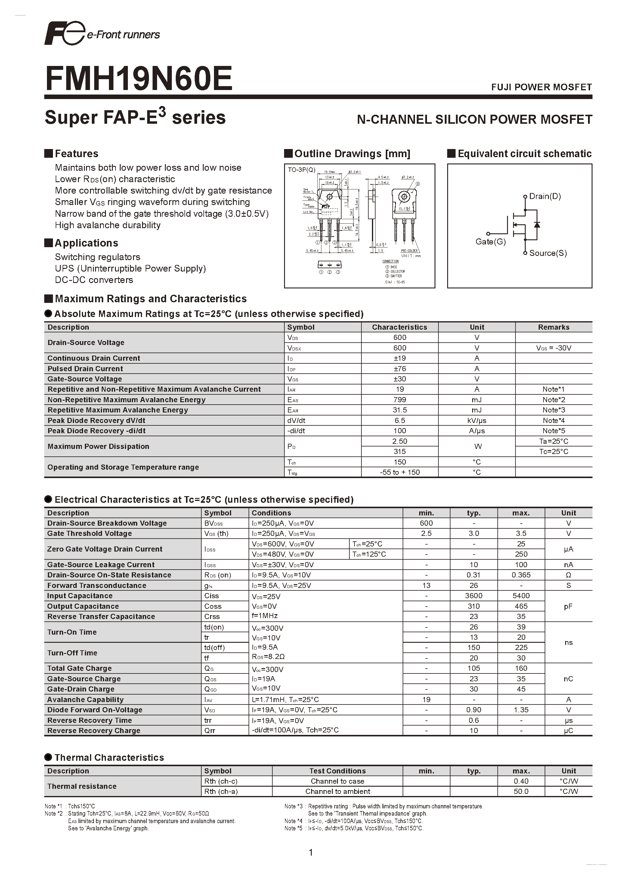 Datasheet FMH19N60E - N-CHANNEL SILICON POWER MOSFET page 1
