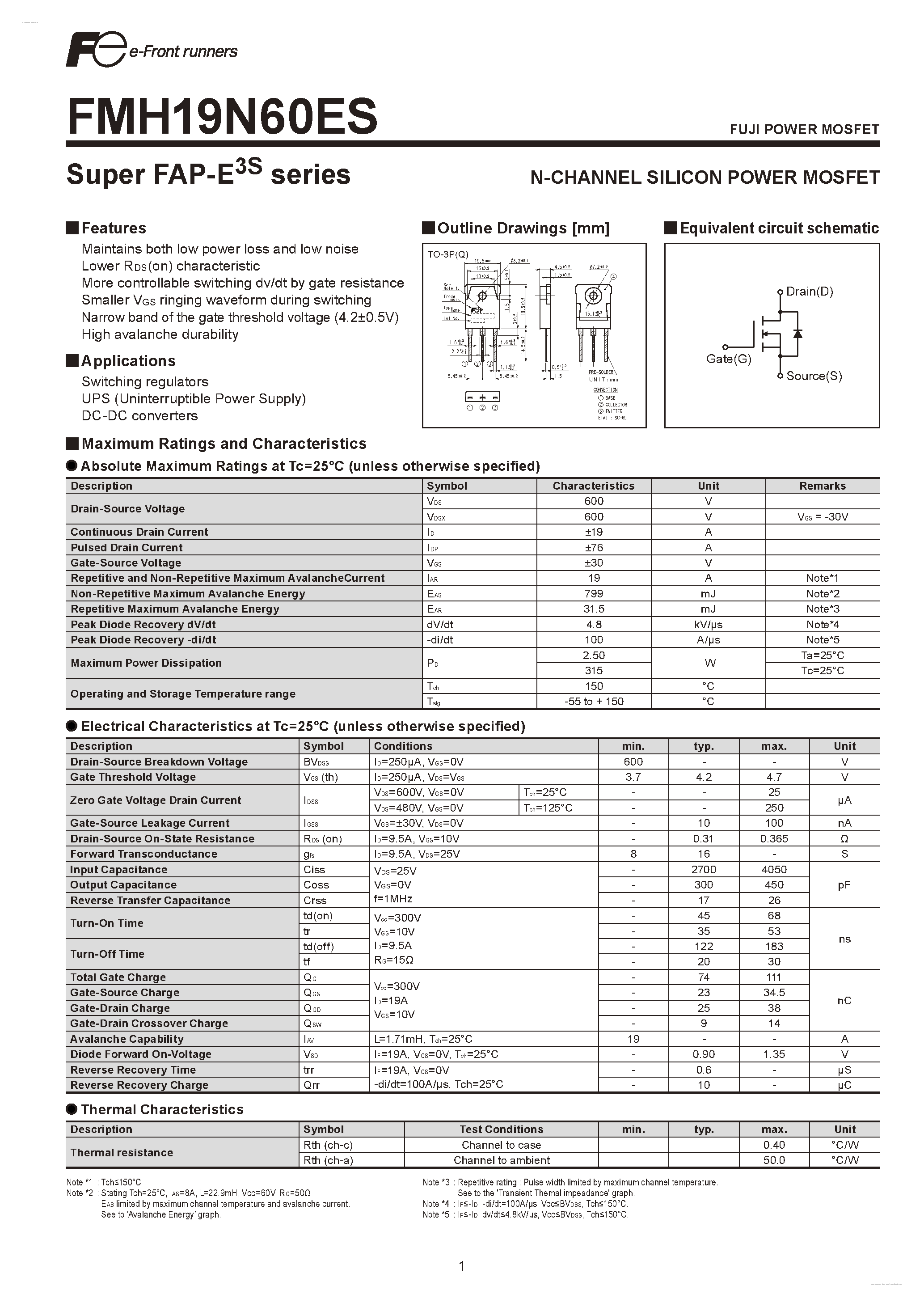 Datasheet FMH19N60ES - N-CHANNEL SILICON POWER MOSFET page 1