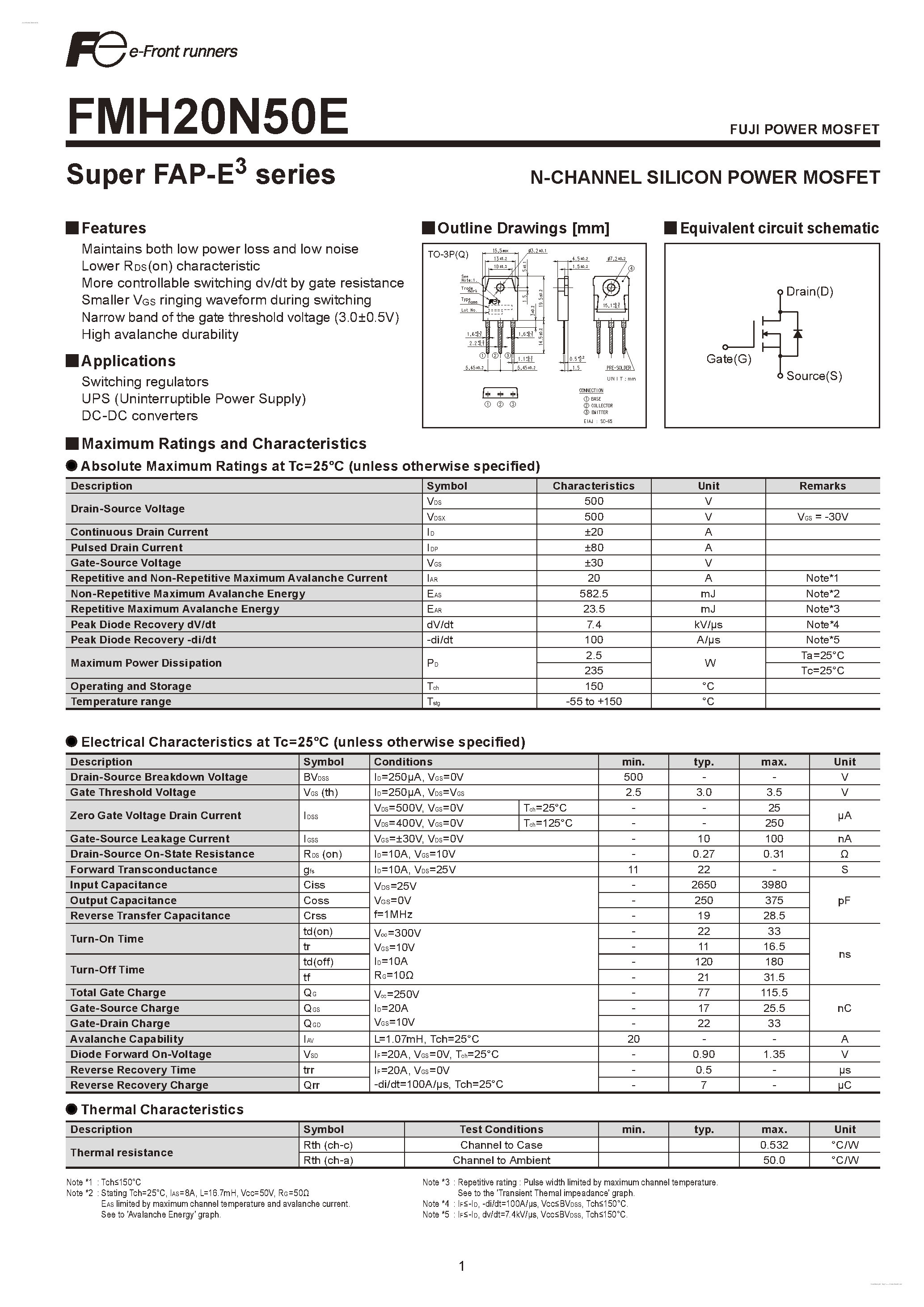 Datasheet FMH20N50E - N-CHANNEL SILICON POWER MOSFET page 1