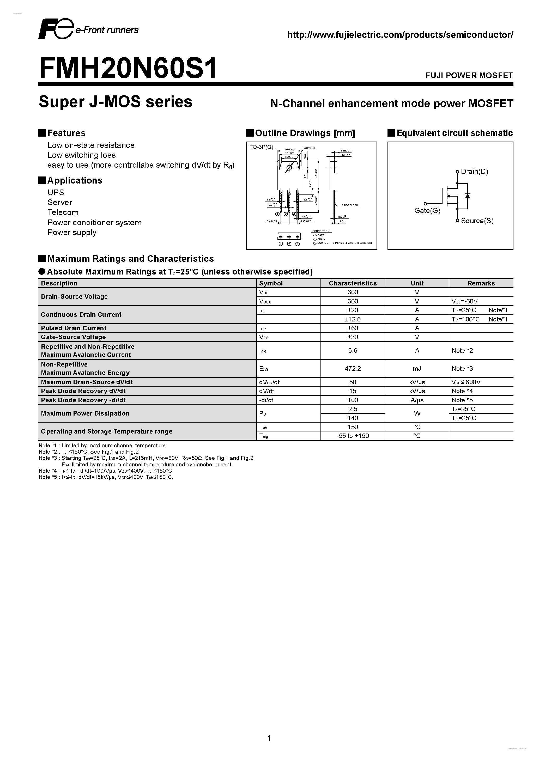 Datasheet FMH20N60S1 - N-CHANNEL SILICON POWER MOSFET page 1