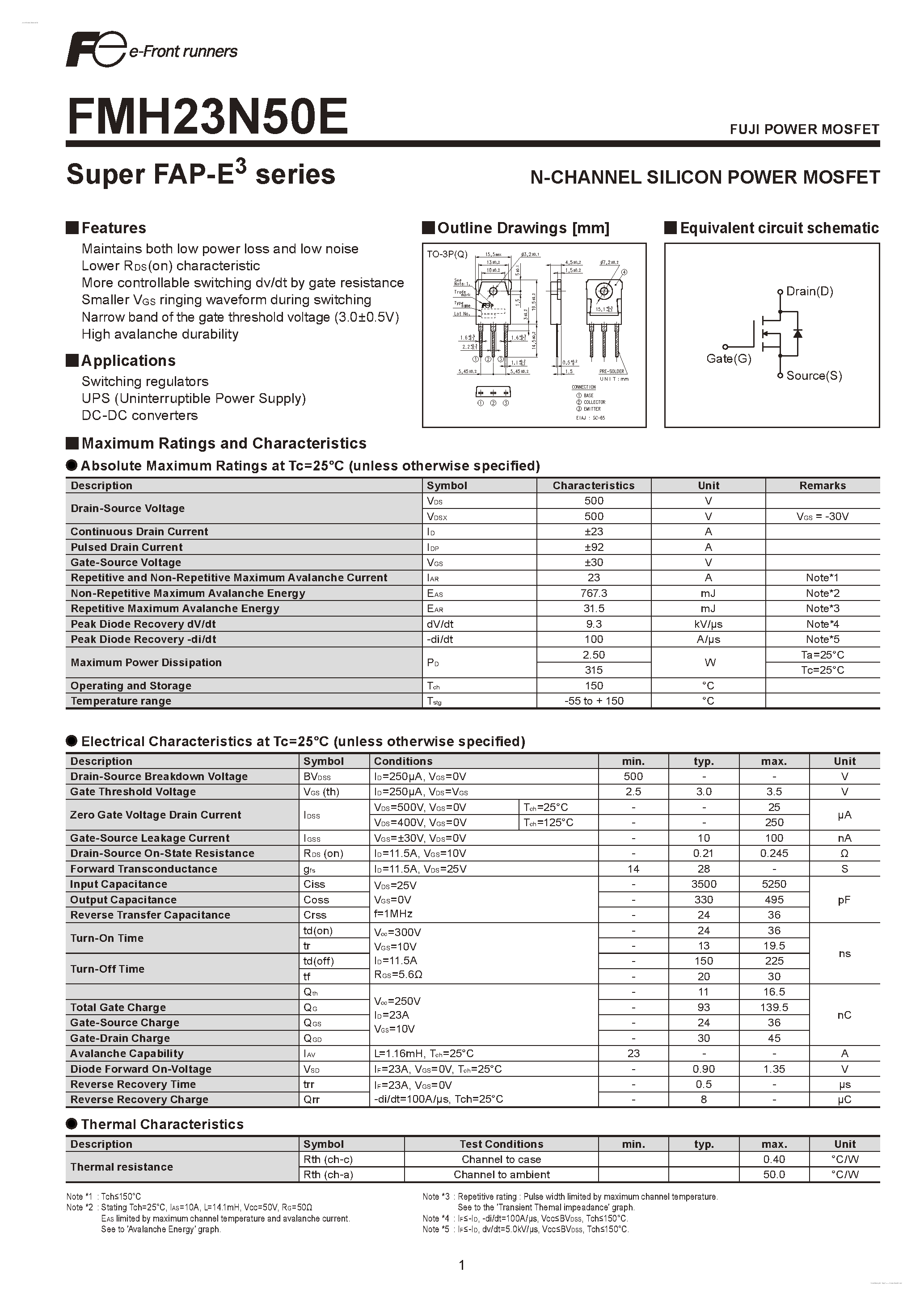 Datasheet FMH23N50E - N-CHANNEL SILICON POWER MOSFET page 1