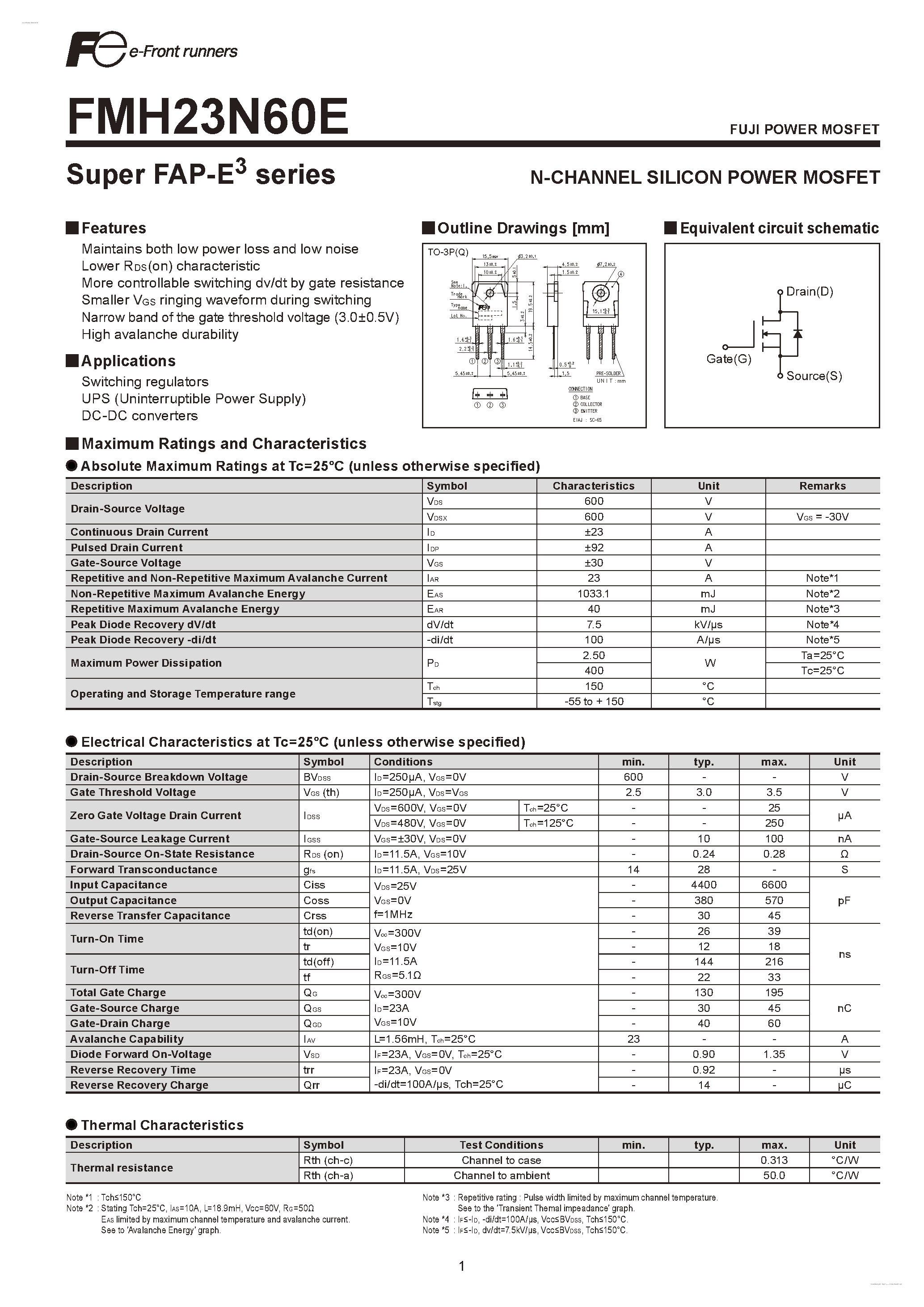 Datasheet FMH23N60E - N-CHANNEL SILICON POWER MOSFET page 1