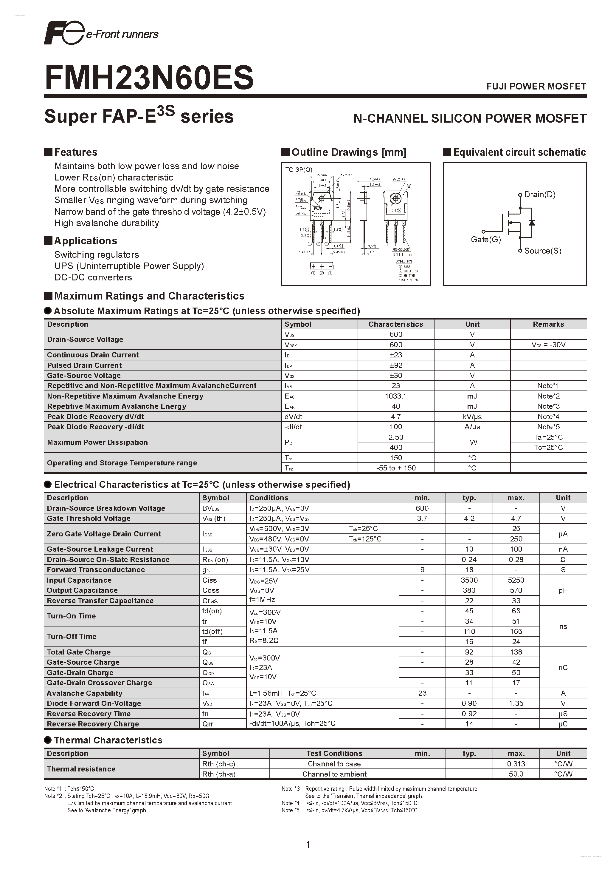 Datasheet FMH23N60ES - N-CHANNEL SILICON POWER MOSFET page 1