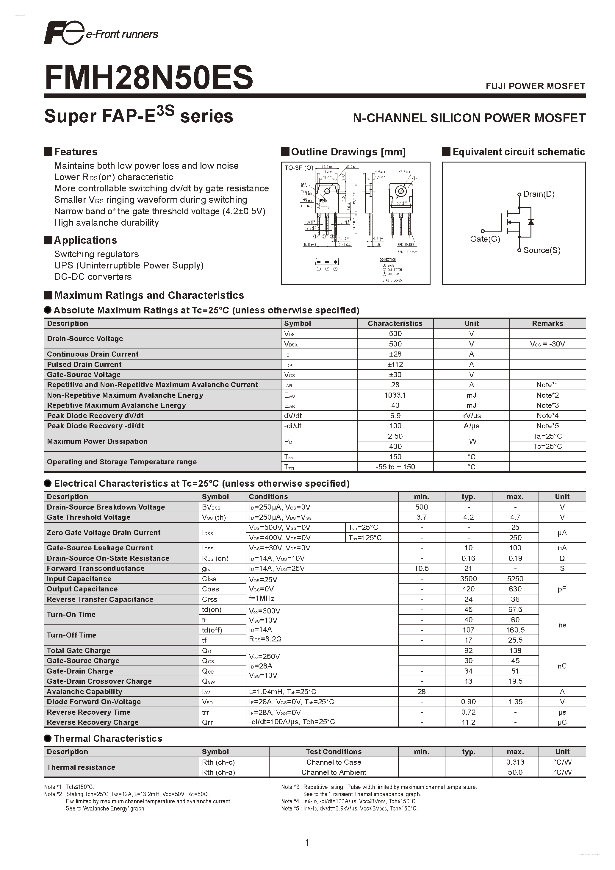 Datasheet FMH28N50ES - N-CHANNEL SILICON POWER MOSFET page 1