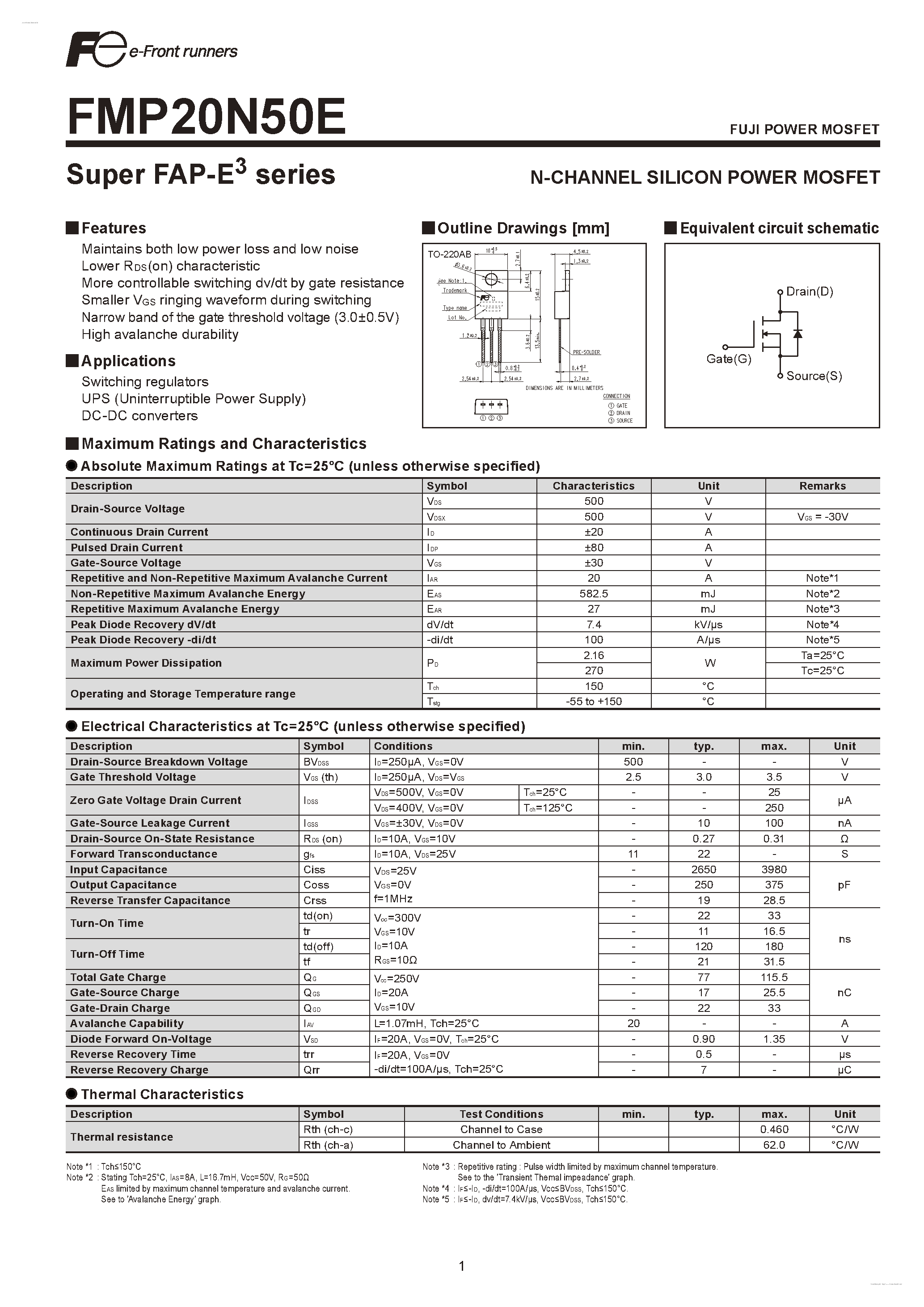 Datasheet FMP20N50E - N-CHANNEL SILICON POWER MOSFET page 1