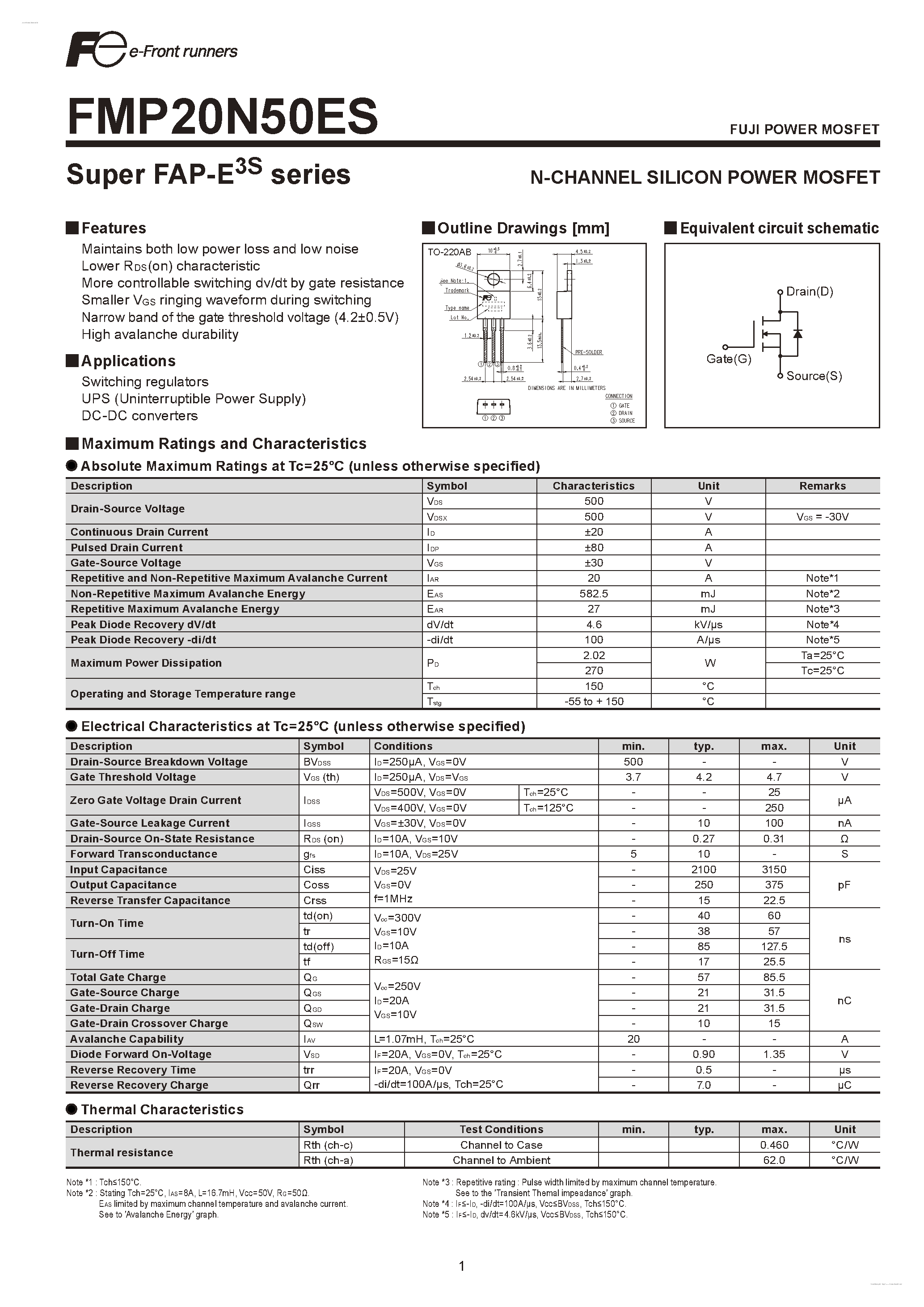 Datasheet FMP20N50ES - N-CHANNEL SILICON POWER MOSFET page 1