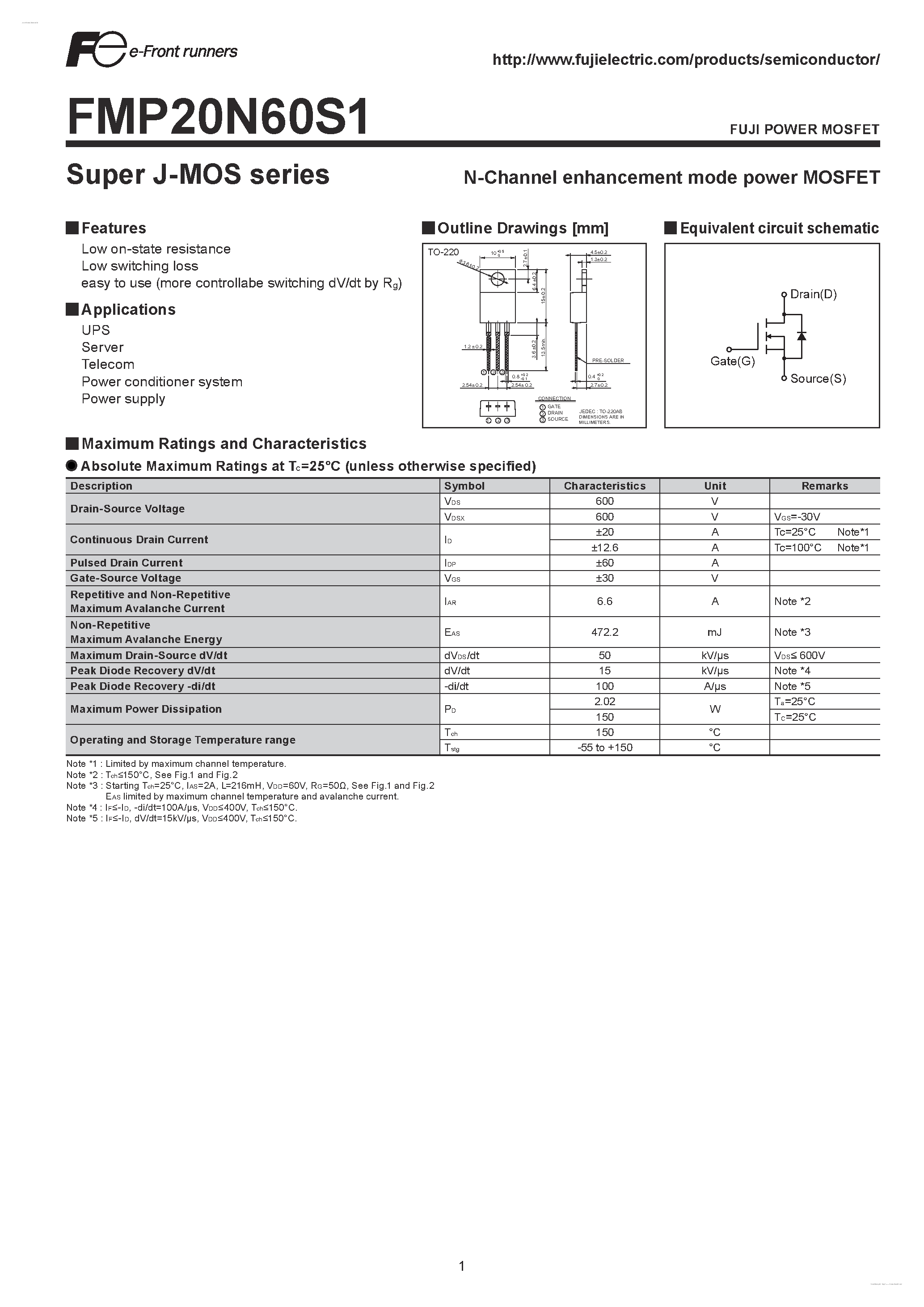 Datasheet FMP20N60S1 - N-CHANNEL SILICON POWER MOSFET page 1