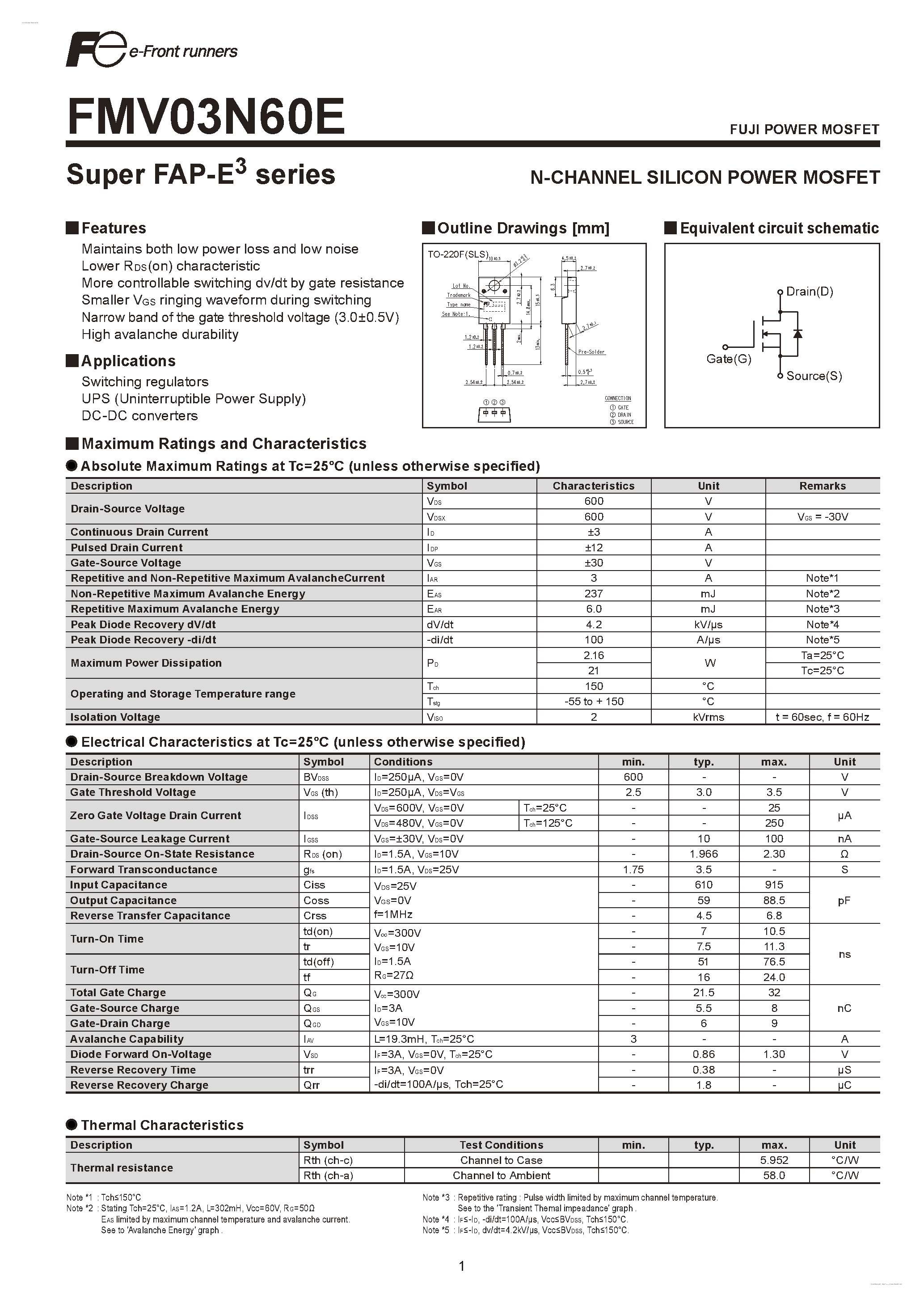 Datasheet FMV03N60E - N-CHANNEL SILICON POWER MOSFET page 1