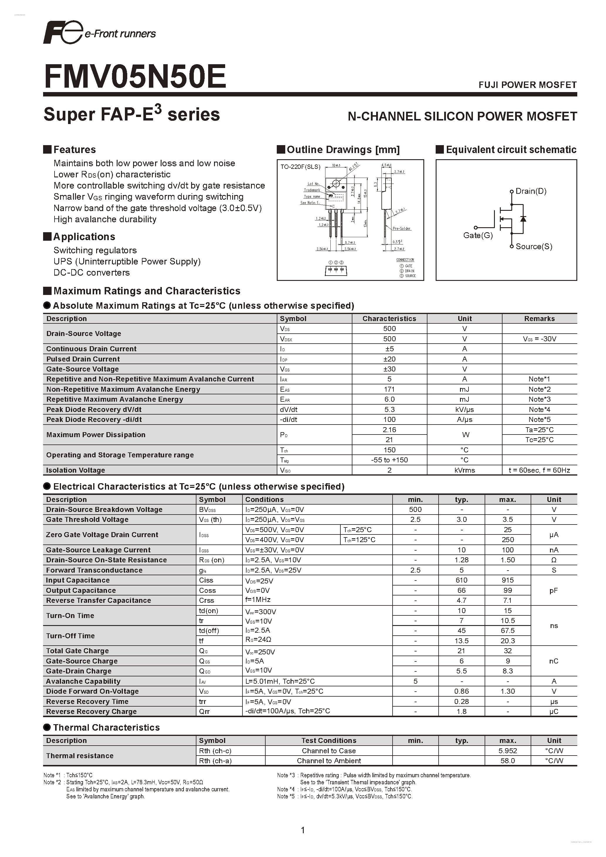 Datasheet FMV05N50E - N-CHANNEL SILICON POWER MOSFET page 1