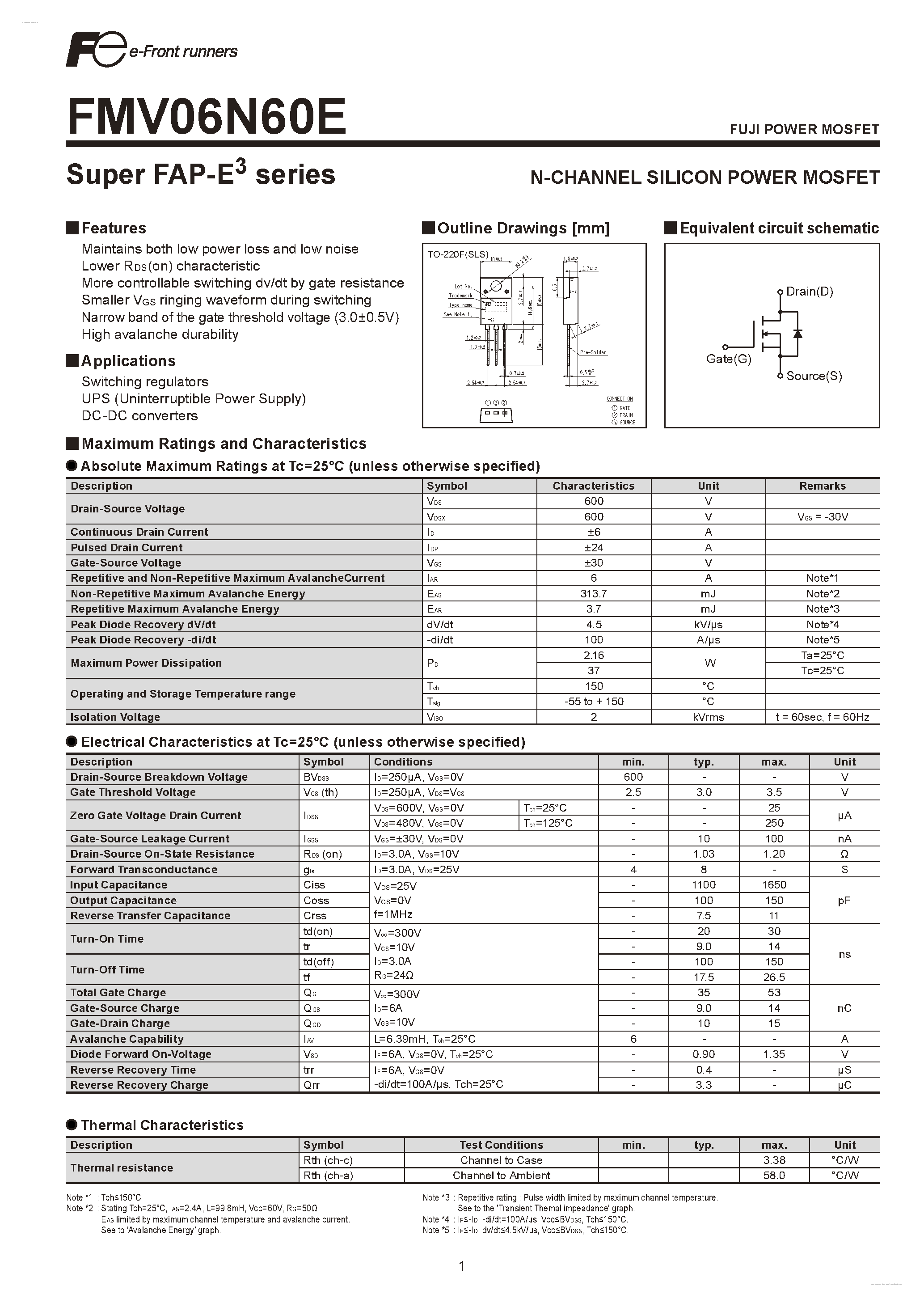 Datasheet FMV06N60E - N-CHANNEL SILICON POWER MOSFET page 1