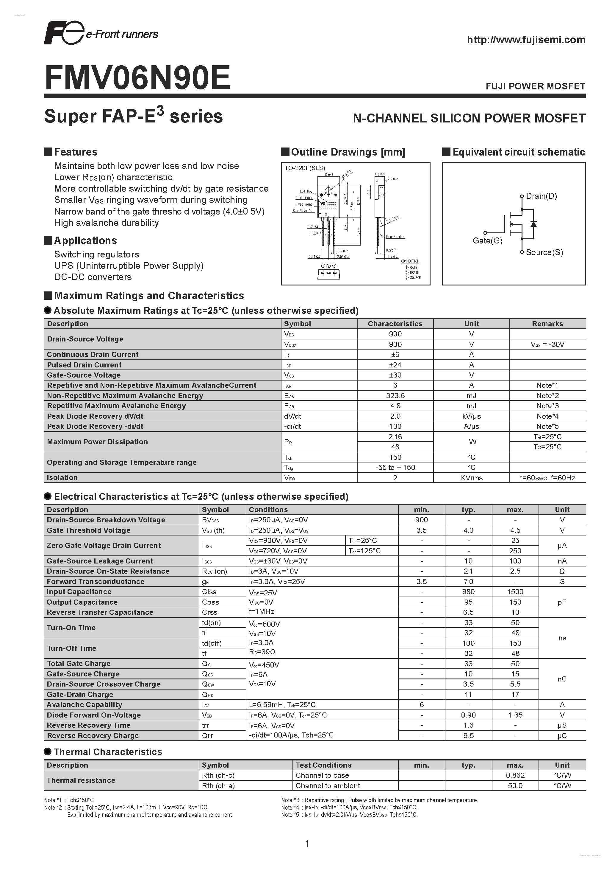 Datasheet FMV06N90E - N-CHANNEL SILICON POWER MOSFET page 1