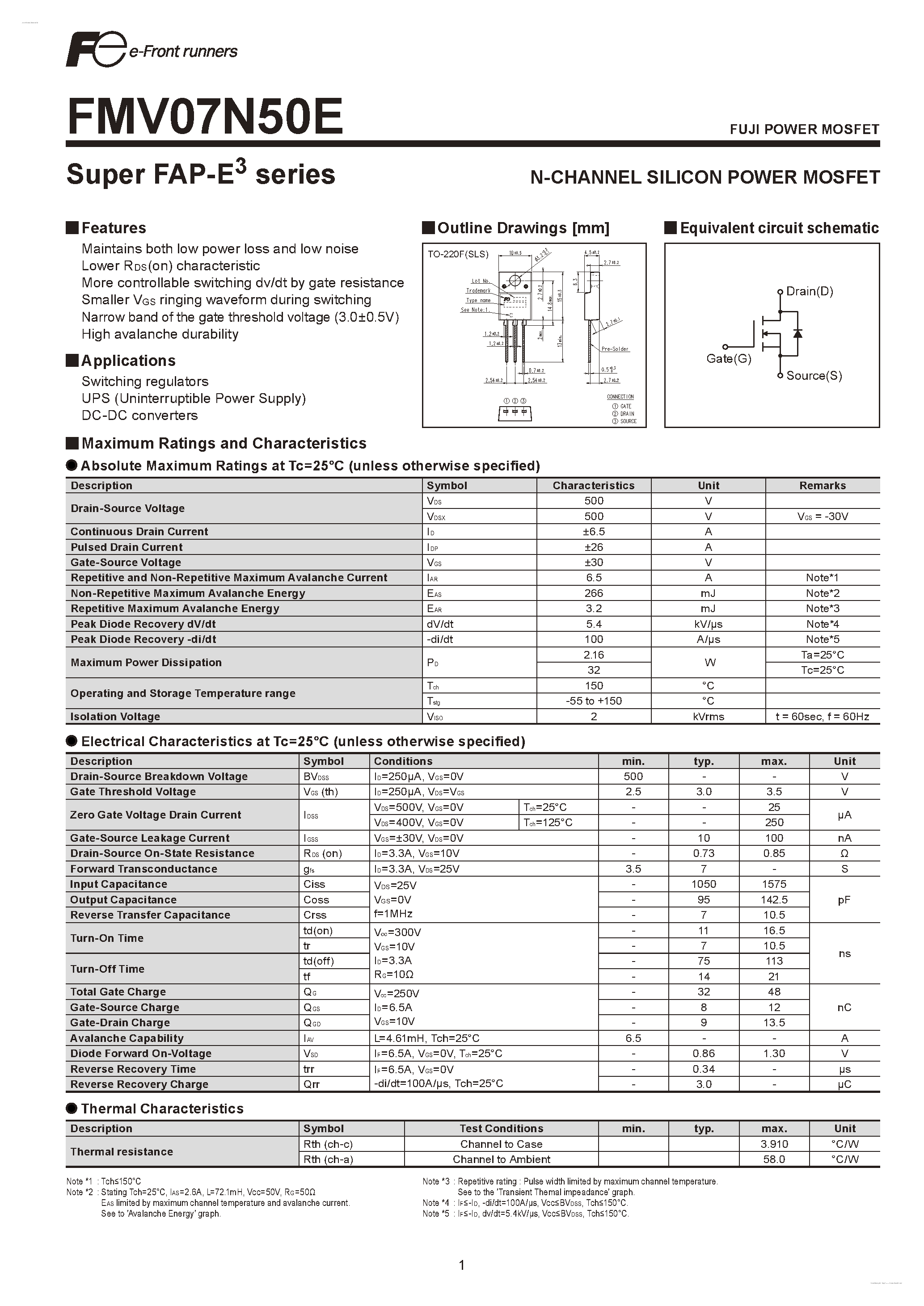 Datasheet FMV07N50E - N-CHANNEL SILICON POWER MOSFET page 1