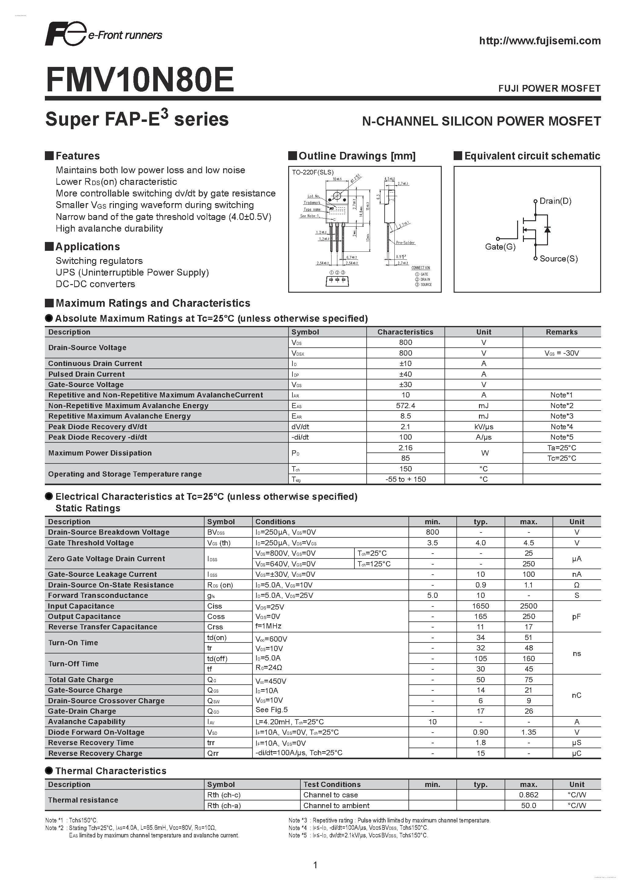 Datasheet FMV10N80E - N-CHANNEL SILICON POWER MOSFET page 1
