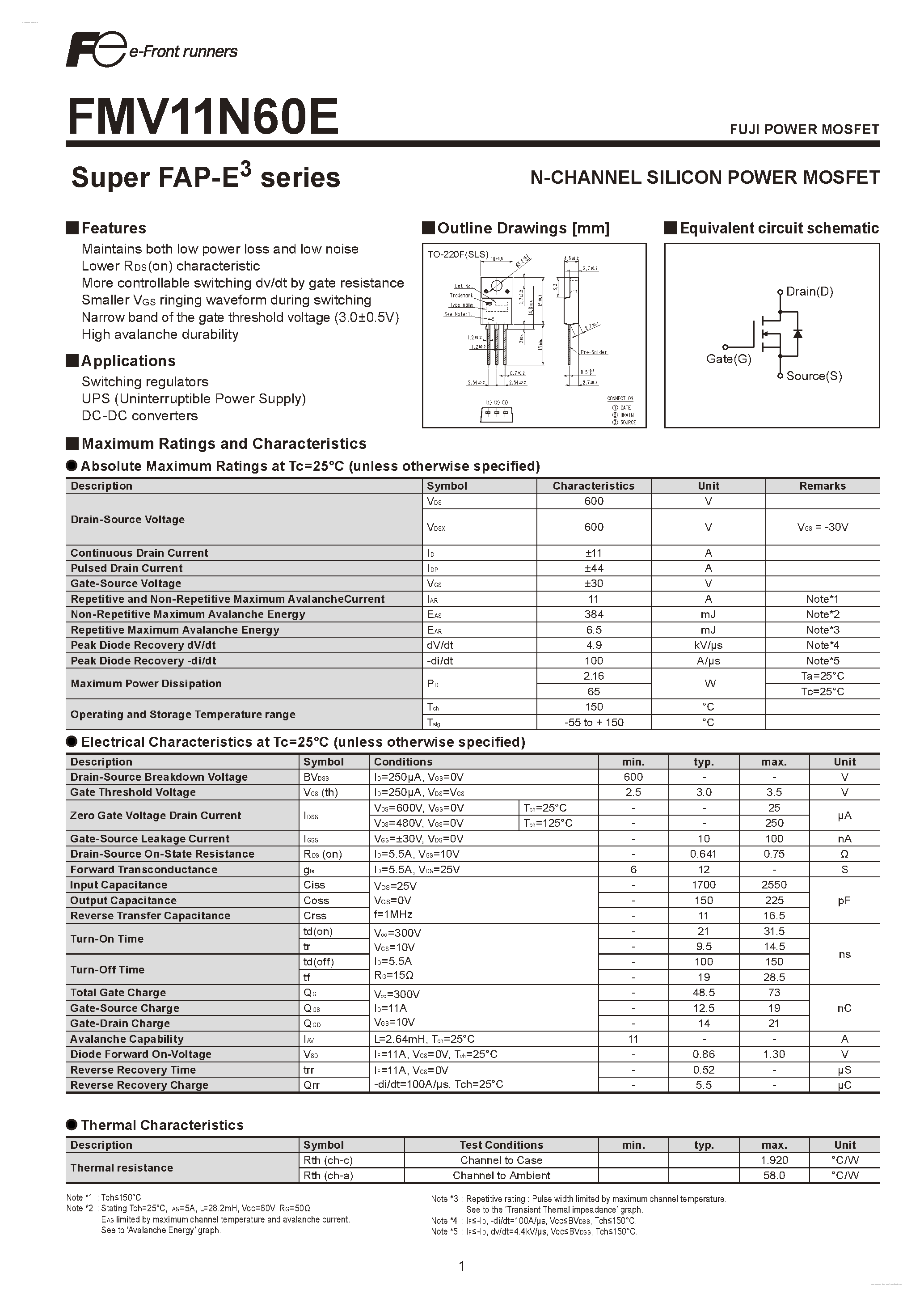 Datasheet FMV11N60E - N-CHANNEL SILICON POWER MOSFET page 1