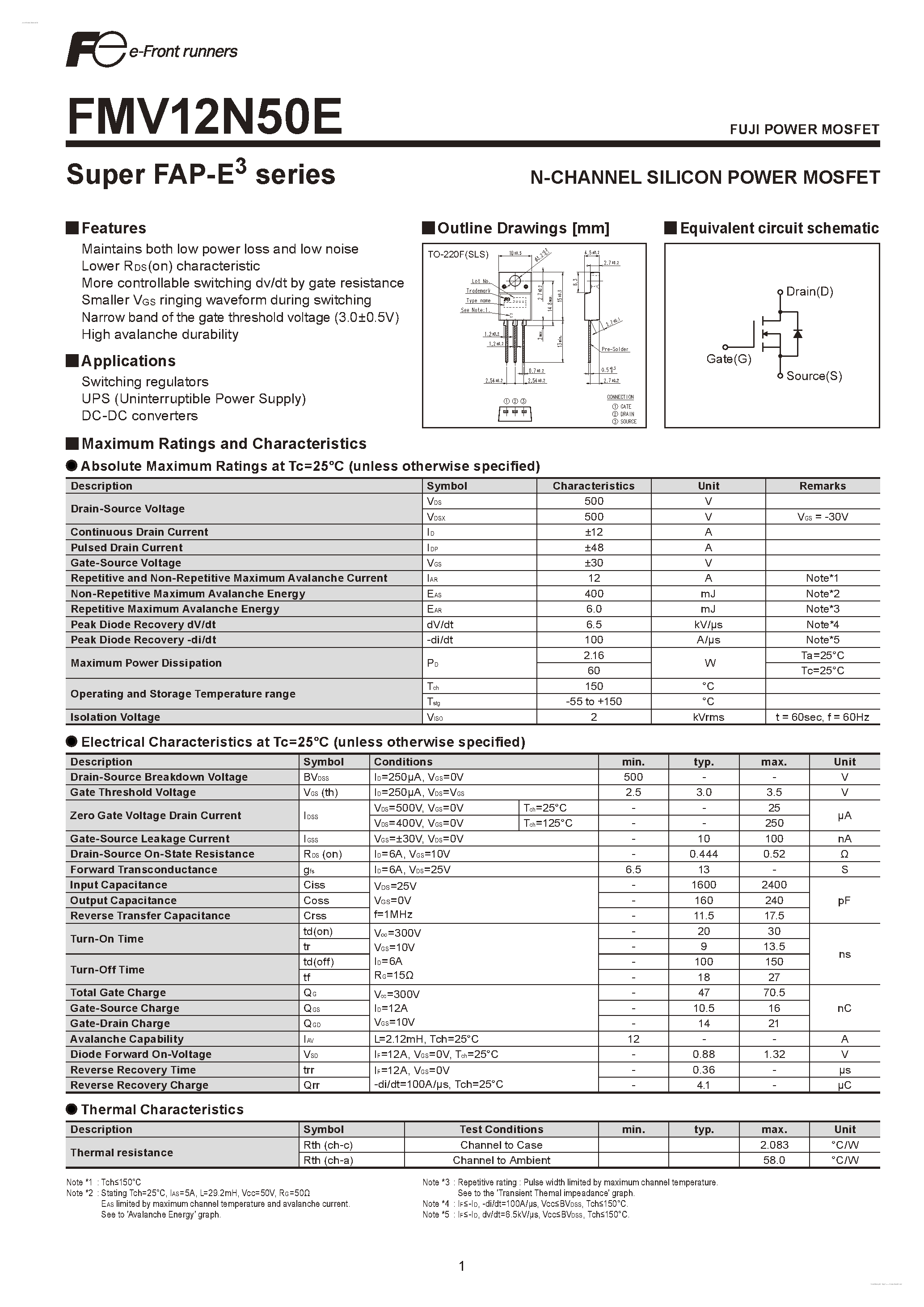 Datasheet FMV12N50E - N-CHANNEL SILICON POWER MOSFET page 1