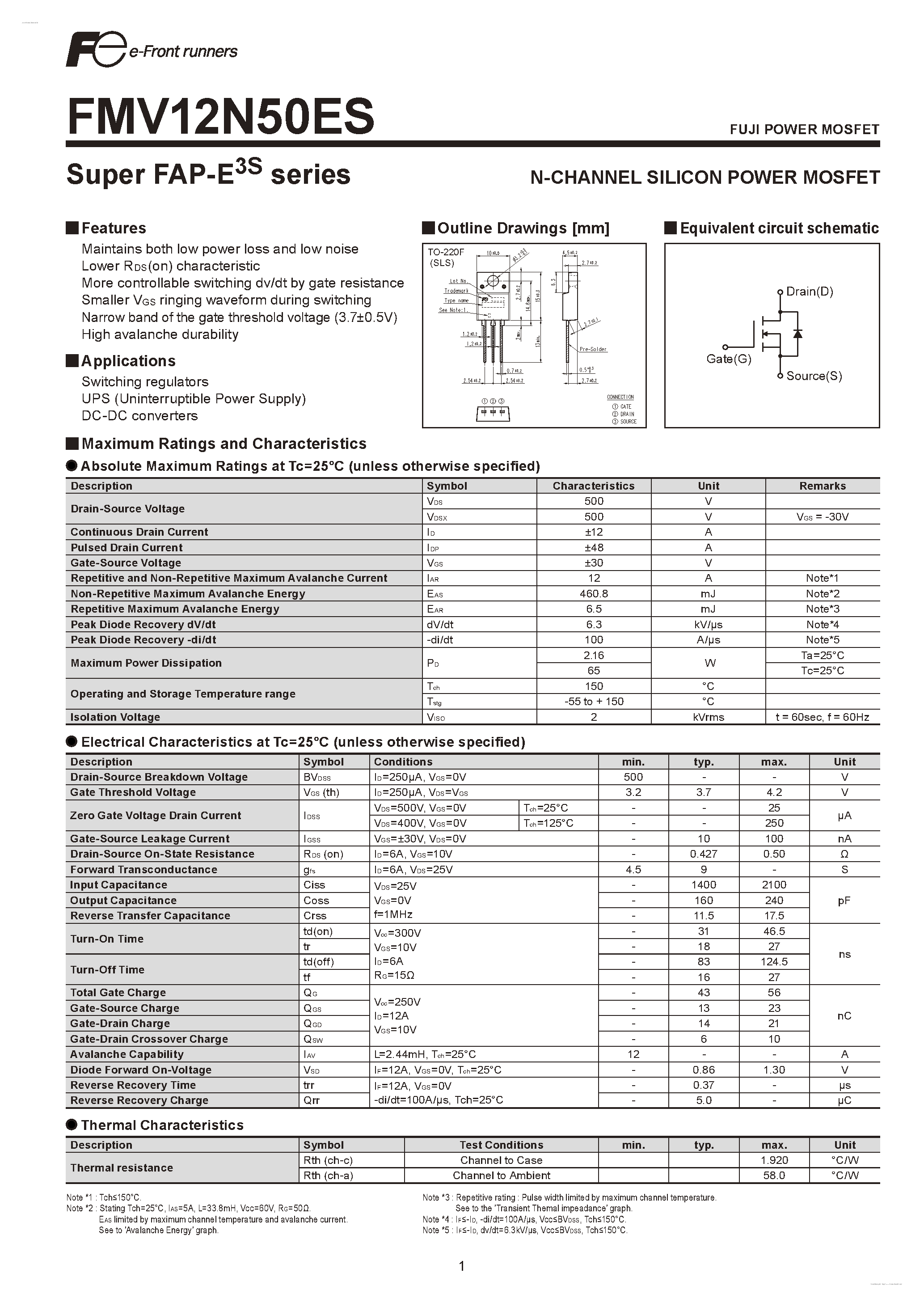 Datasheet FMV12N50ES - N-CHANNEL SILICON POWER MOSFET page 1