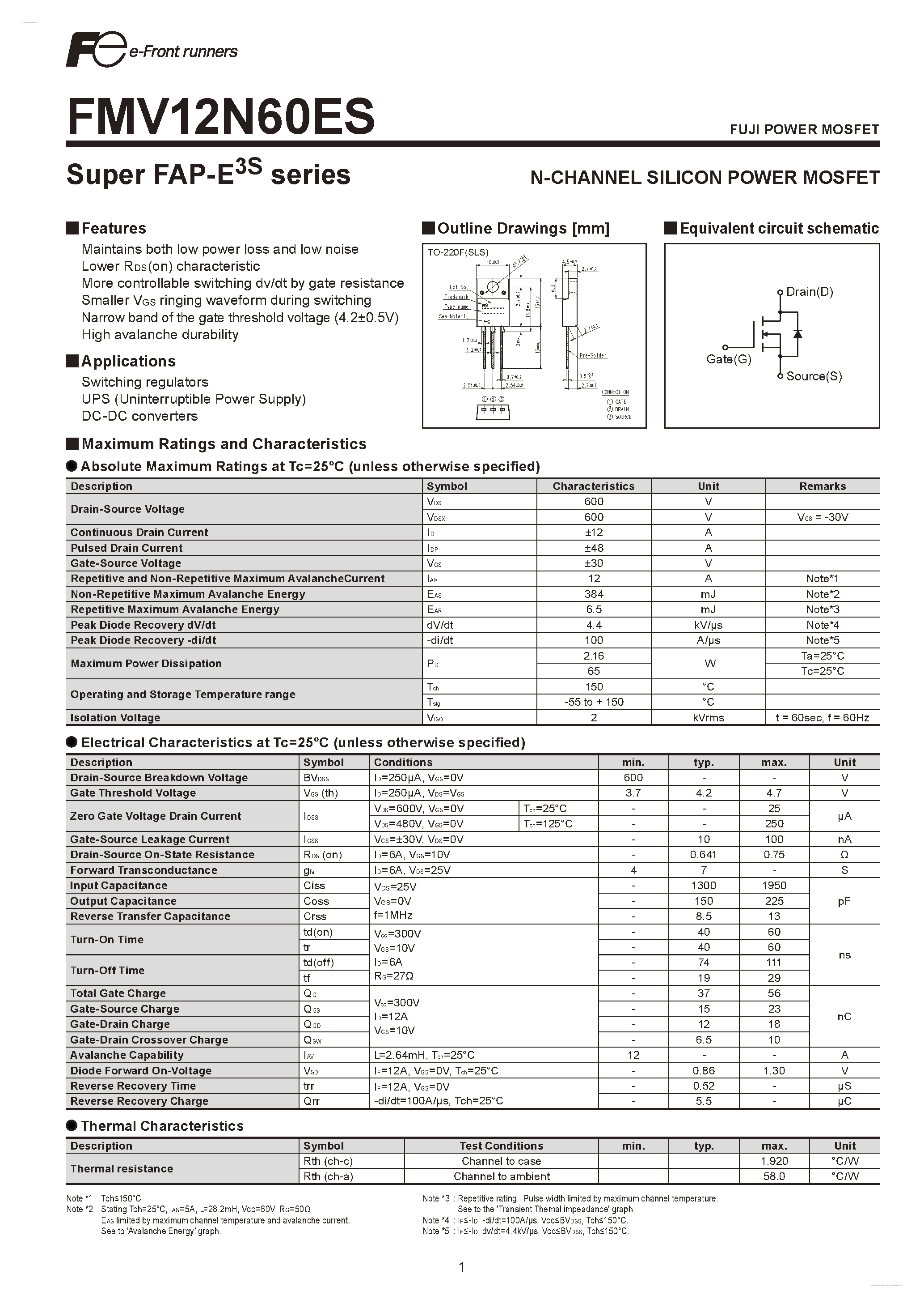 Datasheet FMV12N60ES - N-CHANNEL SILICON POWER MOSFET page 1