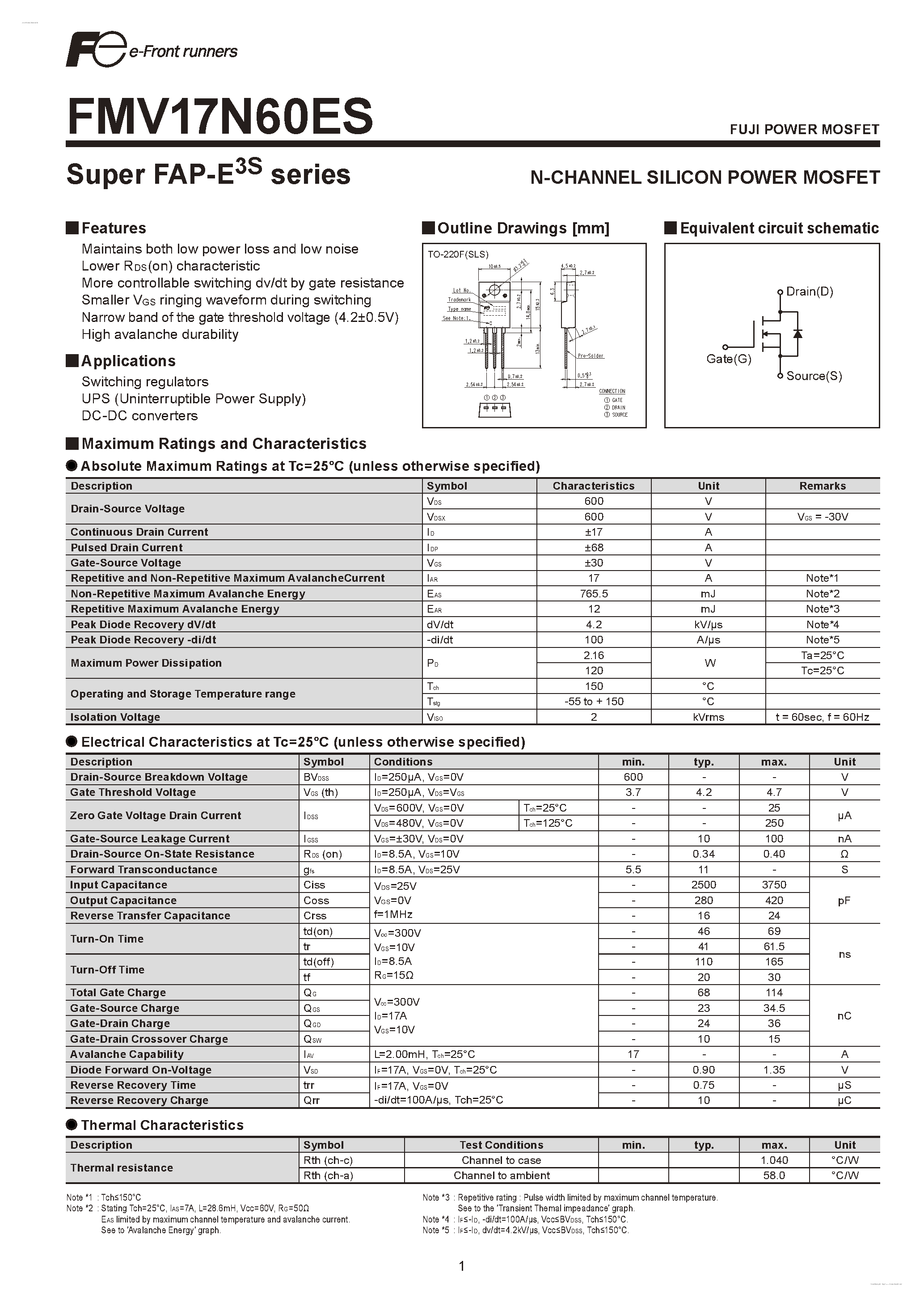 Datasheet FMV17N60ES - N-CHANNEL SILICON POWER MOSFET page 1