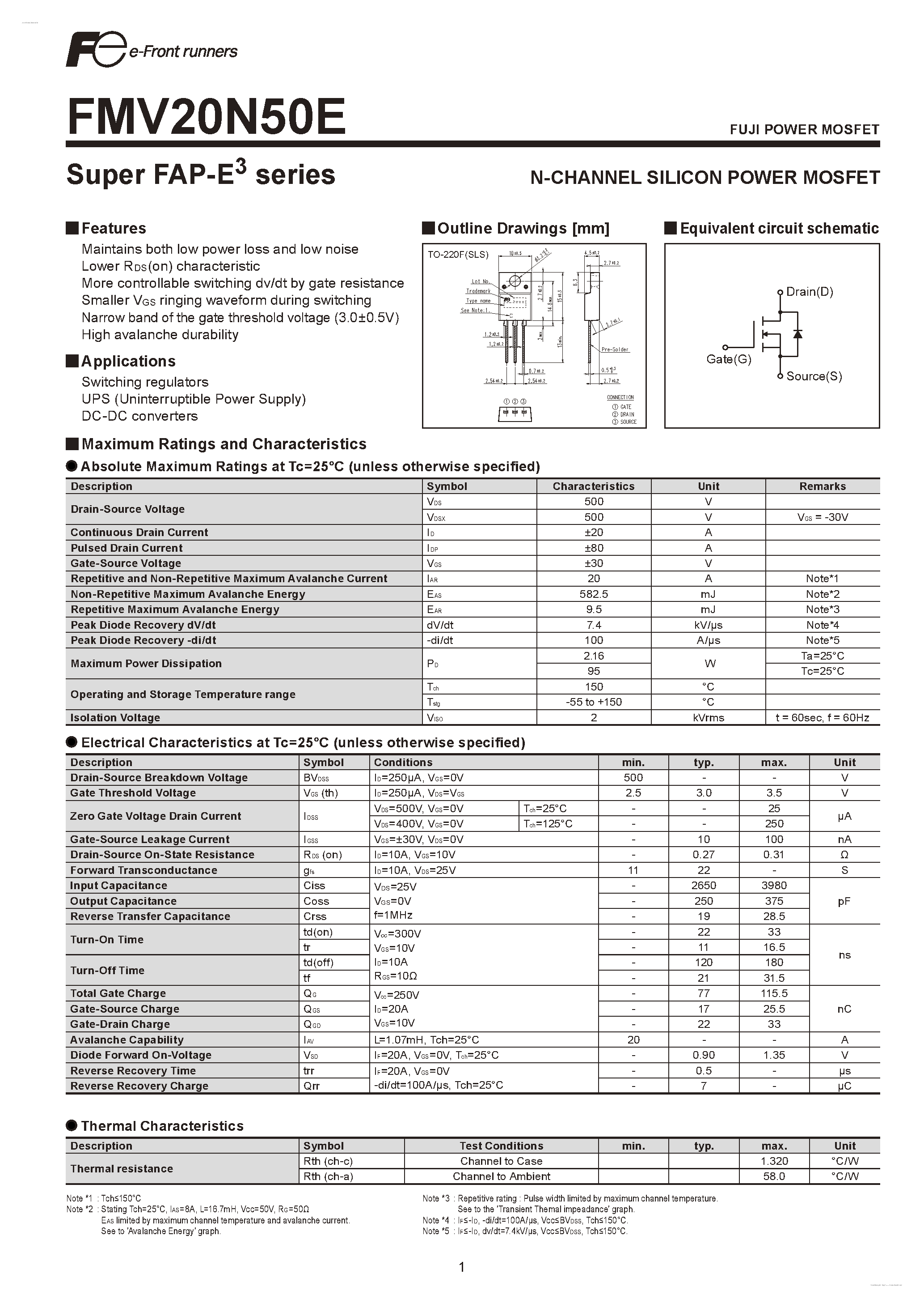 Datasheet FMV20N50E - N-CHANNEL SILICON POWER MOSFET page 1