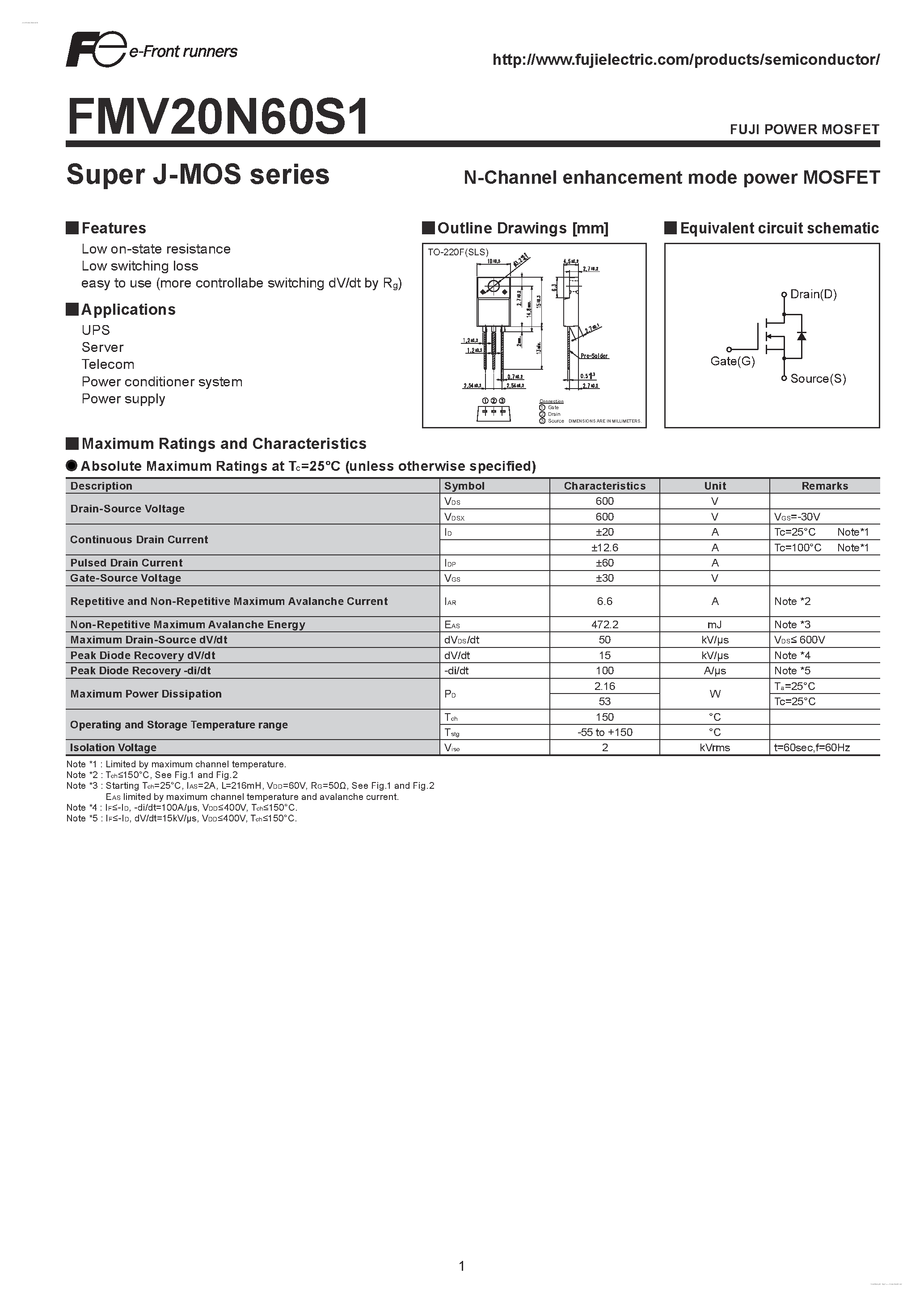 Datasheet FMV20N60S1 - N-CHANNEL SILICON POWER MOSFET page 1