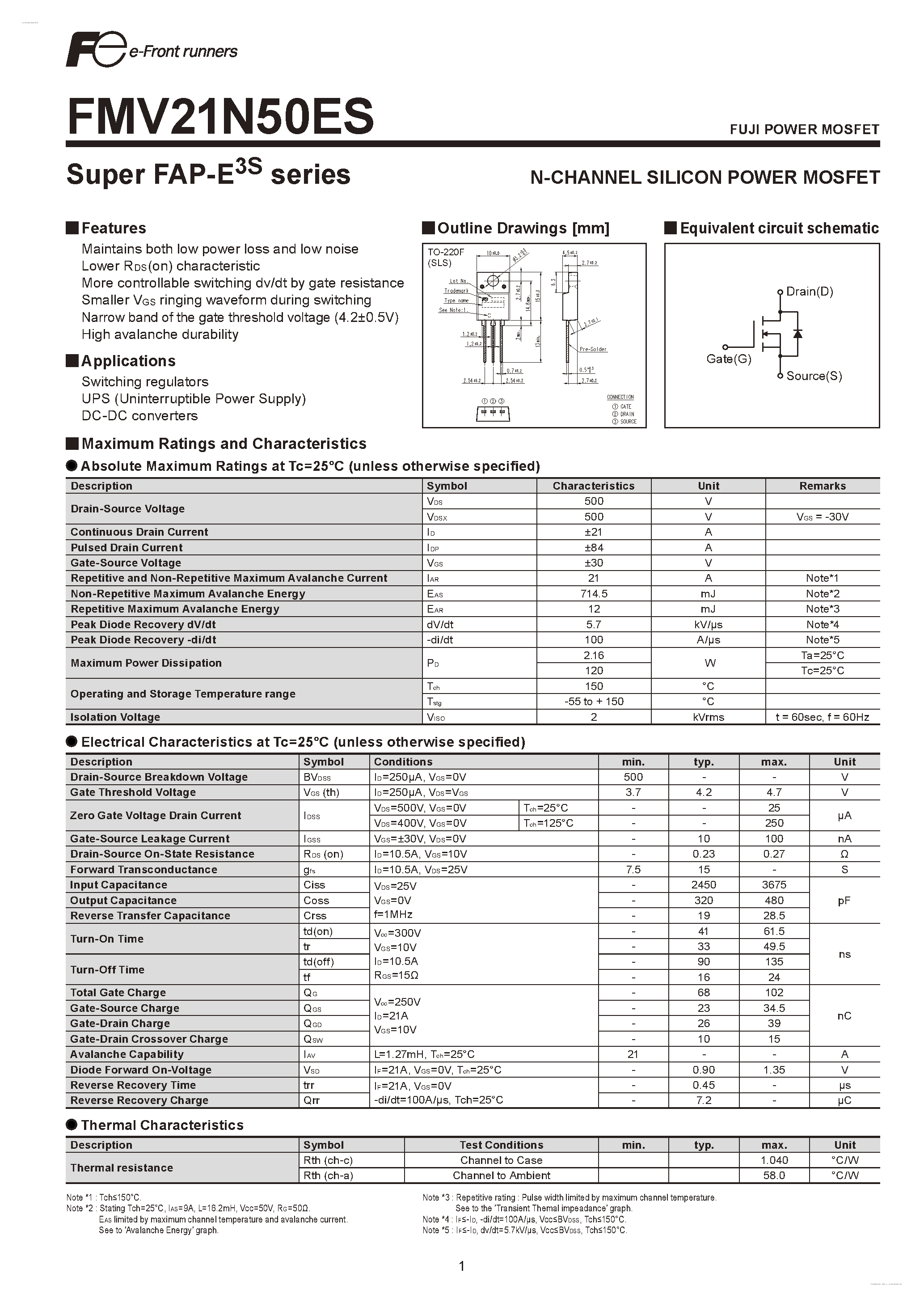 Datasheet FMV21N50ES - N-CHANNEL SILICON POWER MOSFET page 1