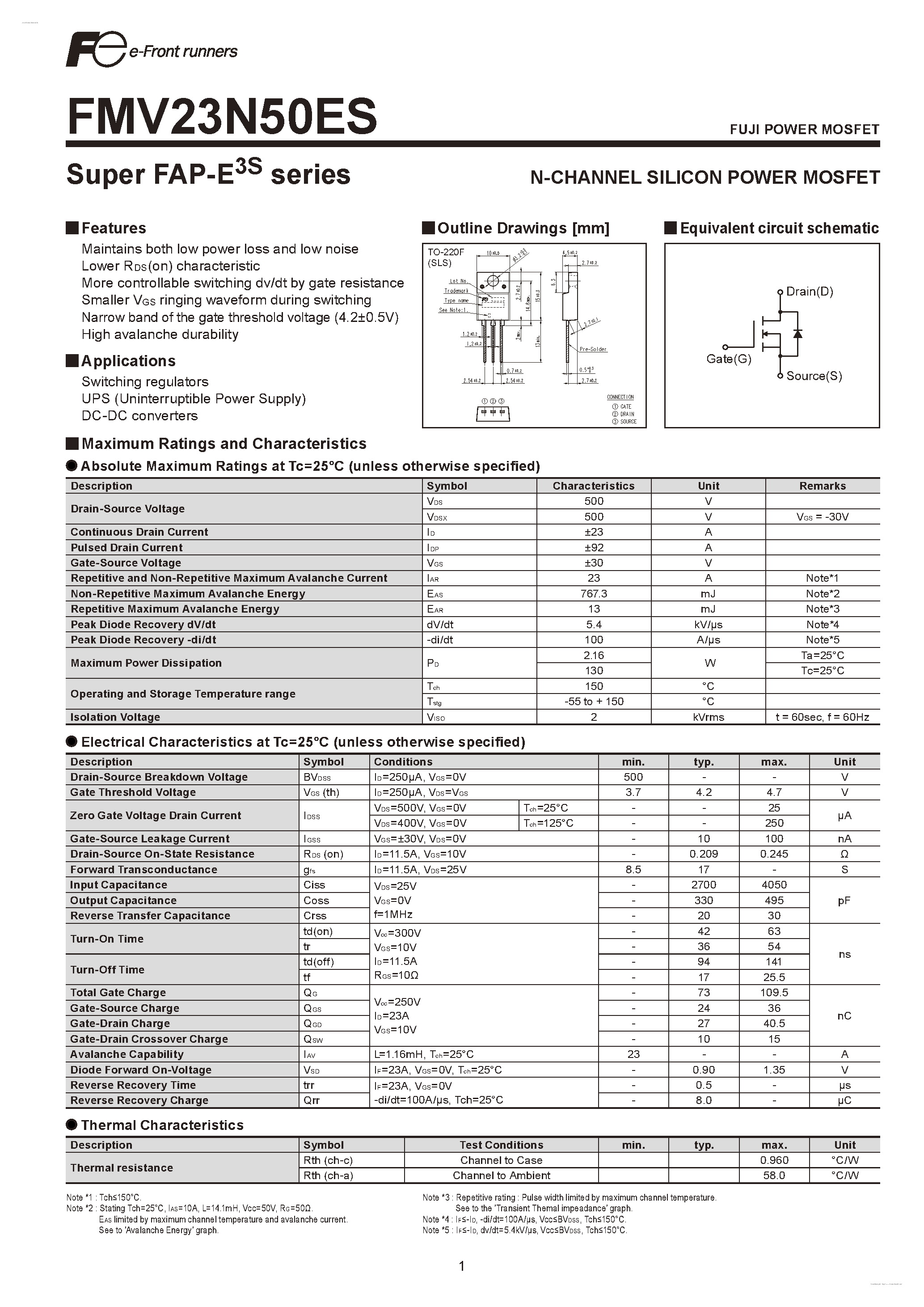 Datasheet FMV23N50ES - N-CHANNEL SILICON POWER MOSFET page 1