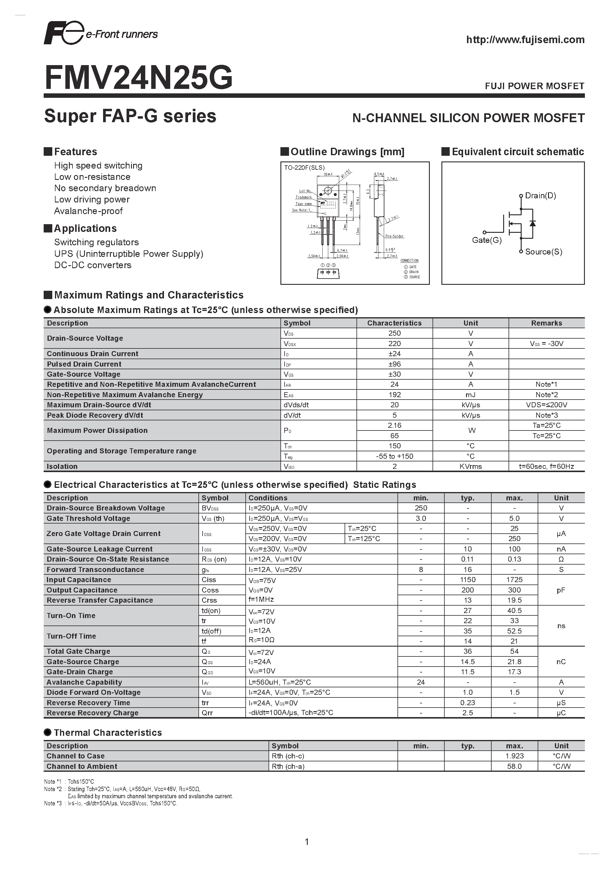 Datasheet FMV24N25G - N-CHANNEL SILICON POWER MOSFET page 1