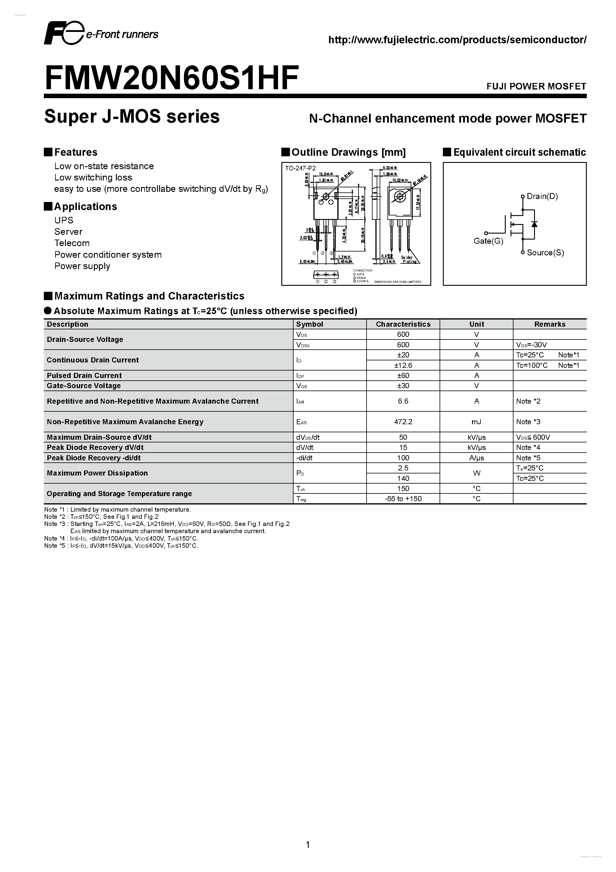 Datasheet FMW20N60S1HF - N-CHANNEL SILICON POWER MOSFET page 1