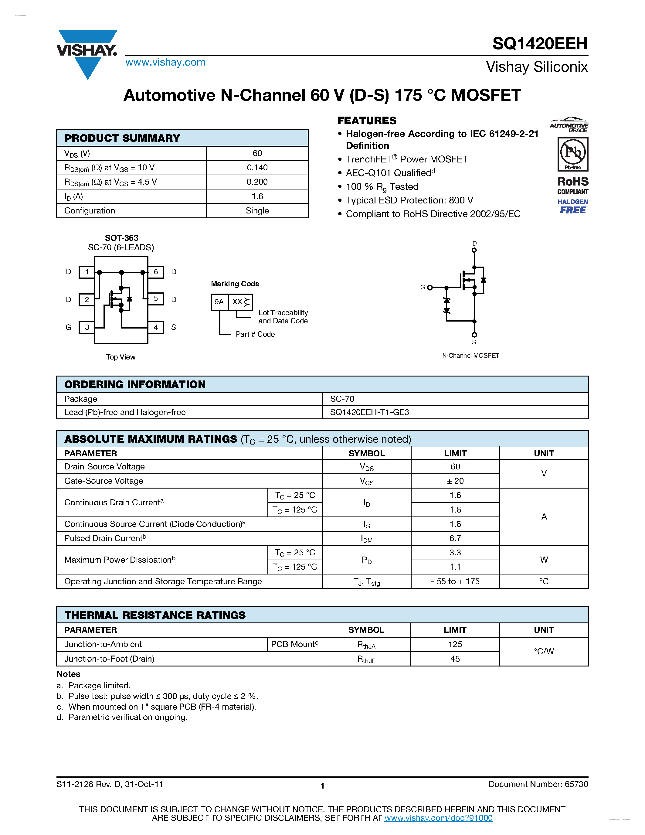 Datasheet SQ1420EEH - Automotive N-Channel MOSFET page 1