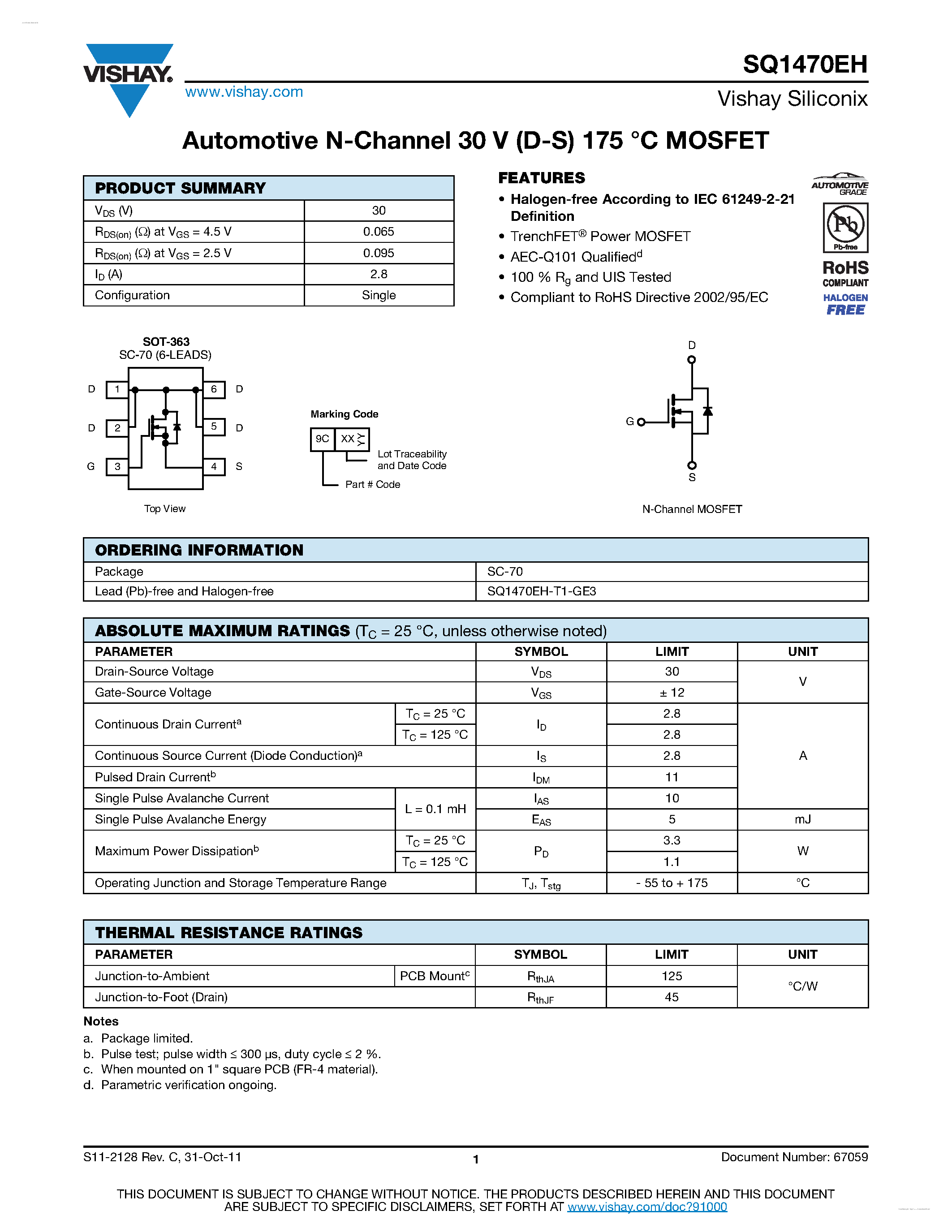 Datasheet SQ1470EH - Automotive N-Channel MOSFET page 1