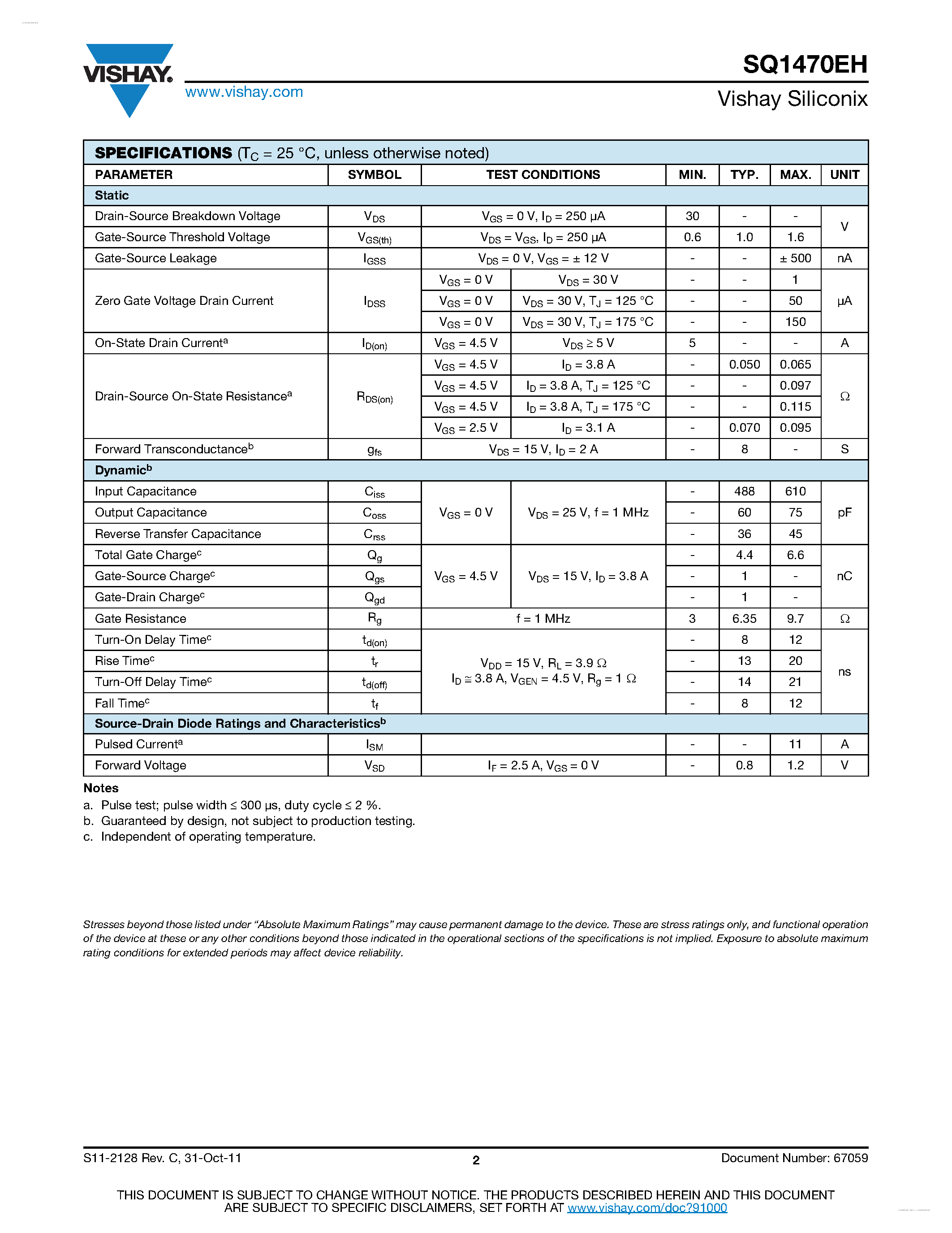 Datasheet SQ1470EH - Automotive N-Channel MOSFET page 2
