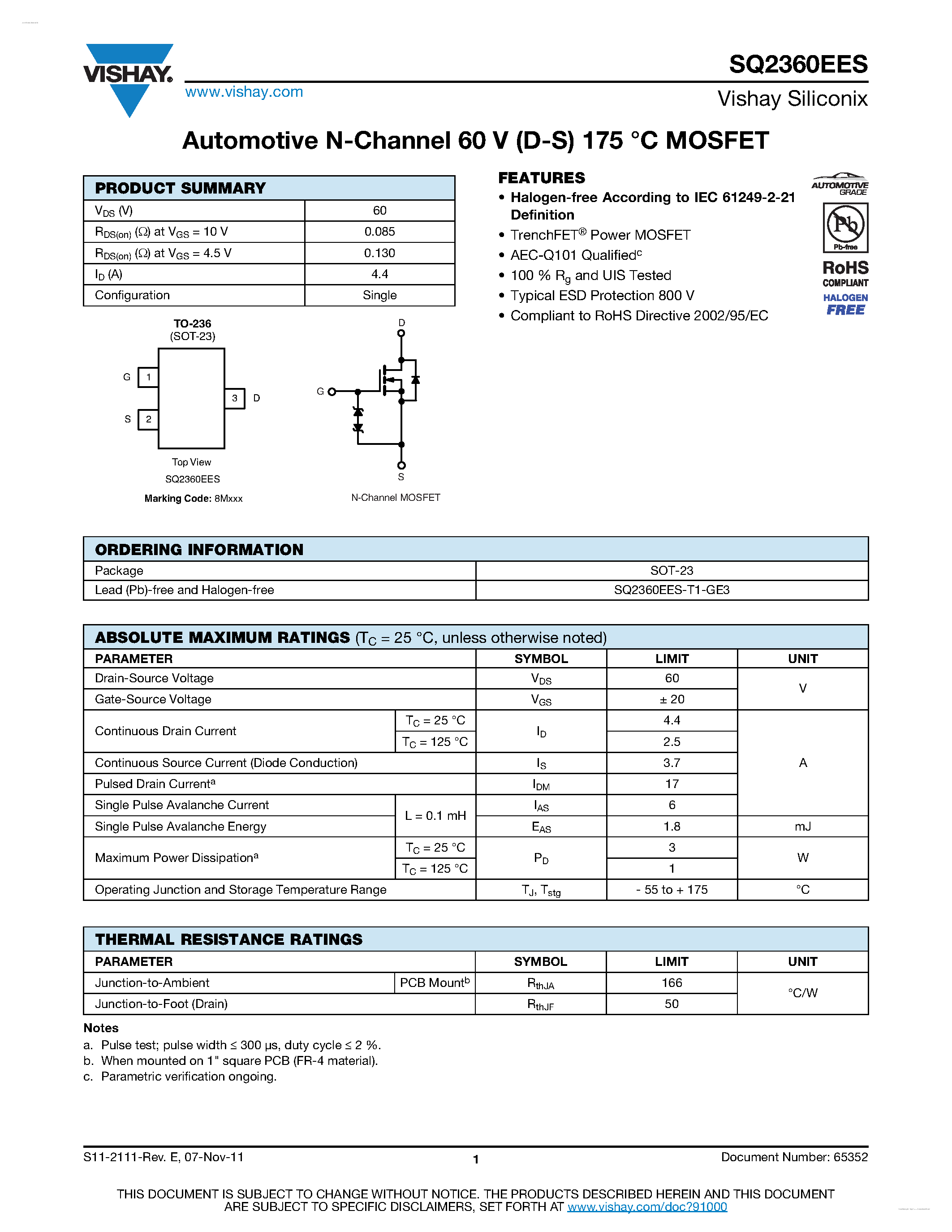 Datasheet SQ2360EES page 1 Datasheet SQ2360EES - Automotive N-Channel MOSFET page 1