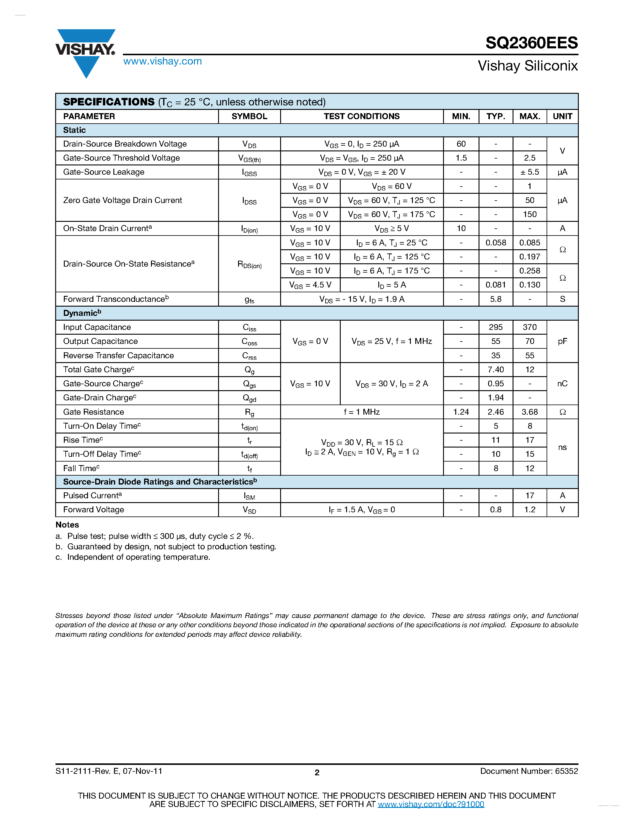 Datasheet SQ2360EES page 2 Datasheet SQ2360EES - Automotive N-Channel MOSFET page 2