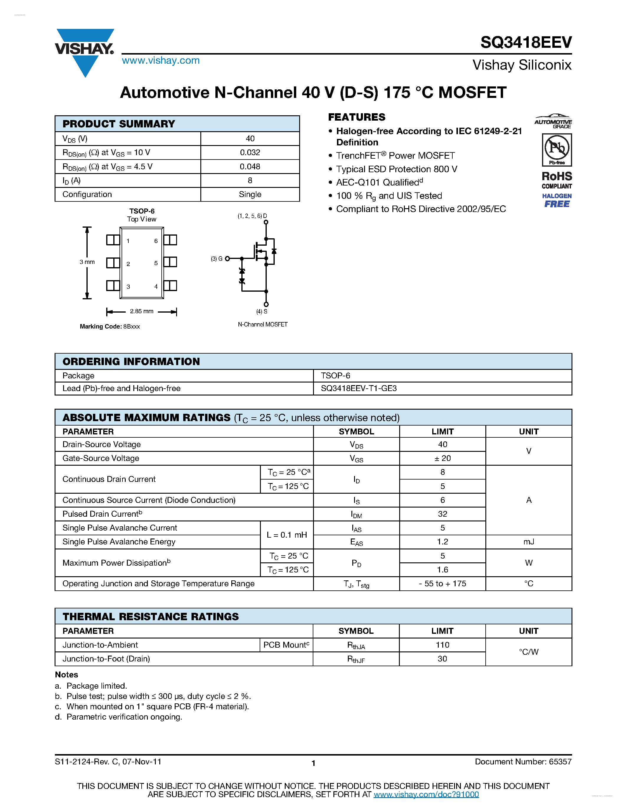 Datasheet SQ3418EEV - Automotive N-Channel MOSFET page 1