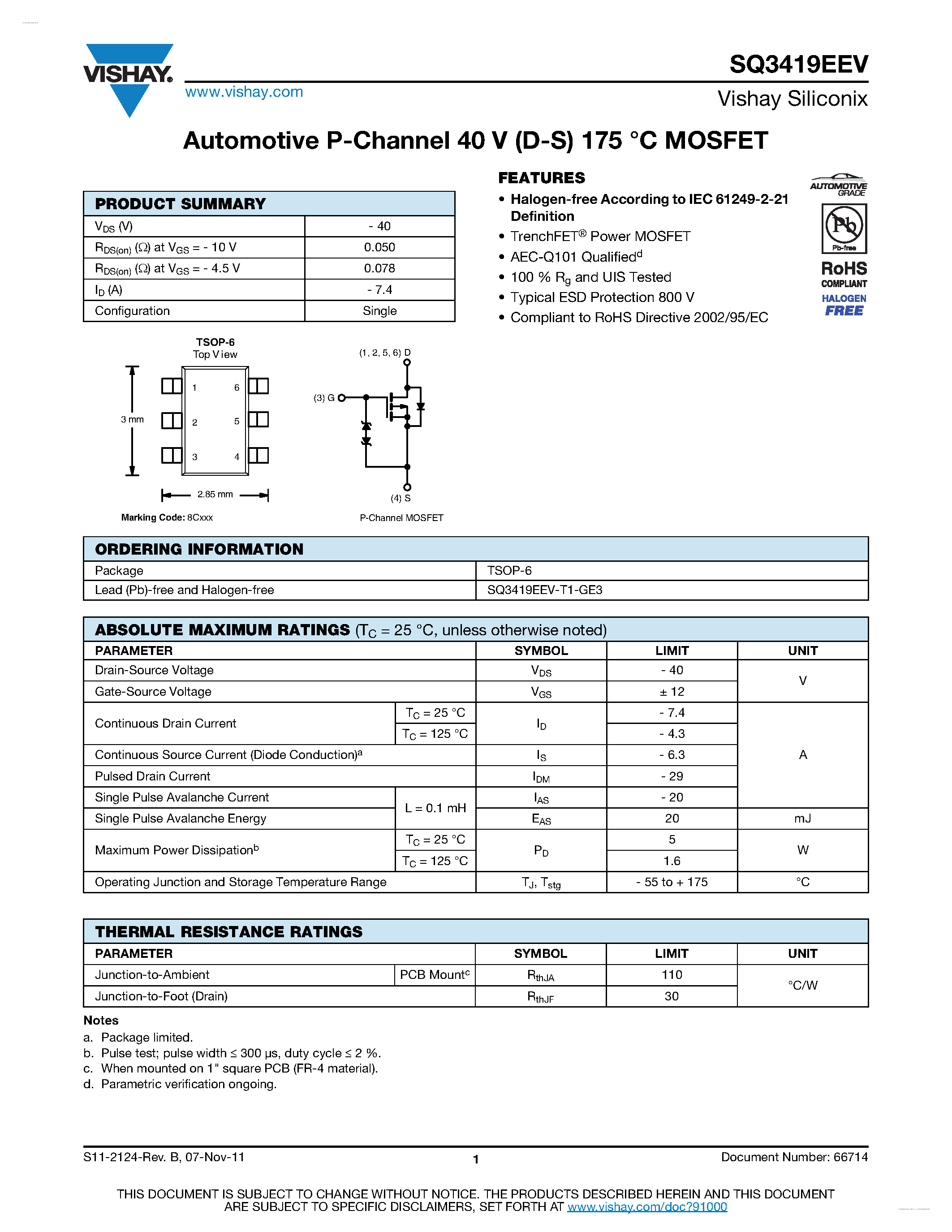 Даташит на микросхему SQ3419EEV страница 1 Даташит SQ3419EEV - Automotive P-Channel MOSFET страница 1