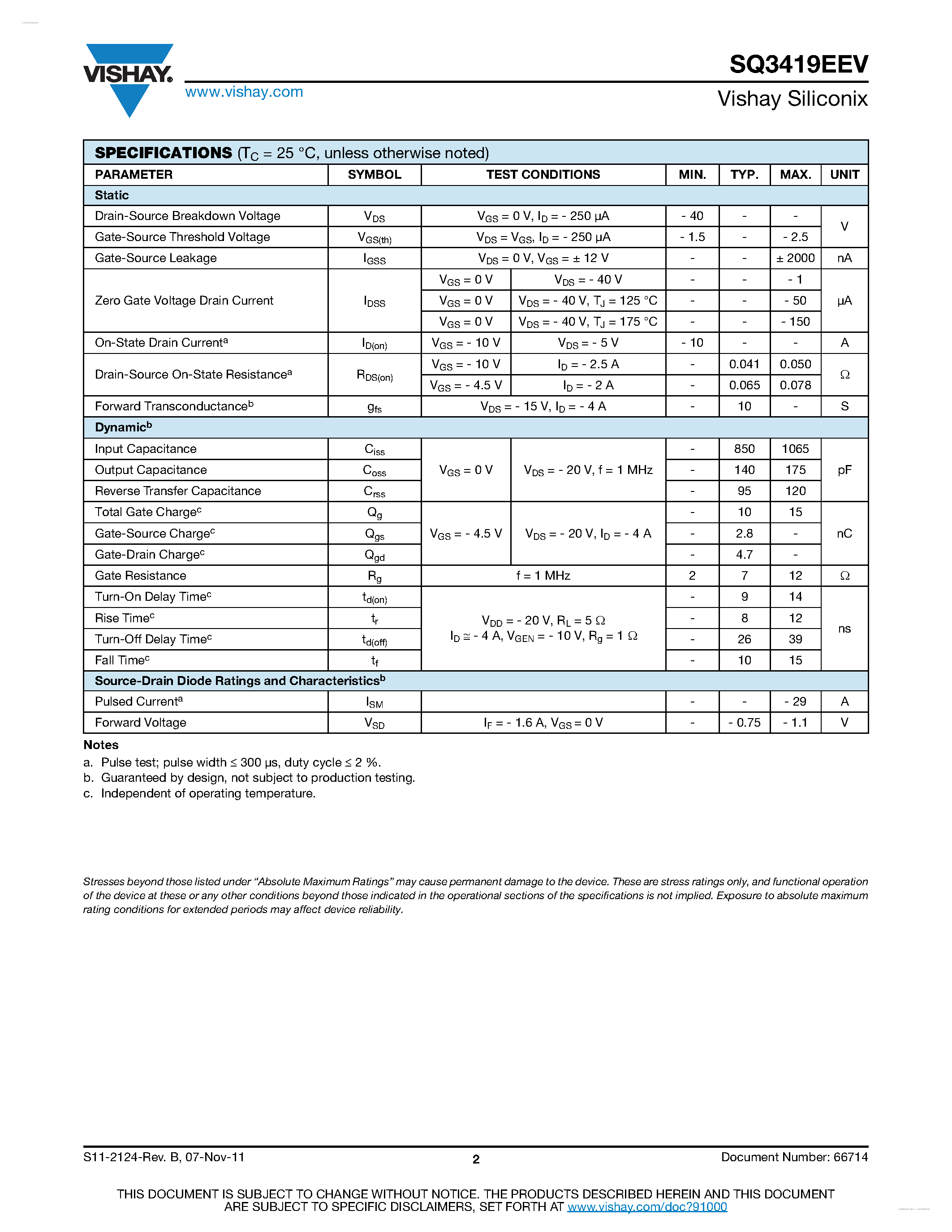 Даташит на микросхему SQ3419EEV страница 2 Даташит SQ3419EEV - Automotive P-Channel MOSFET страница 2