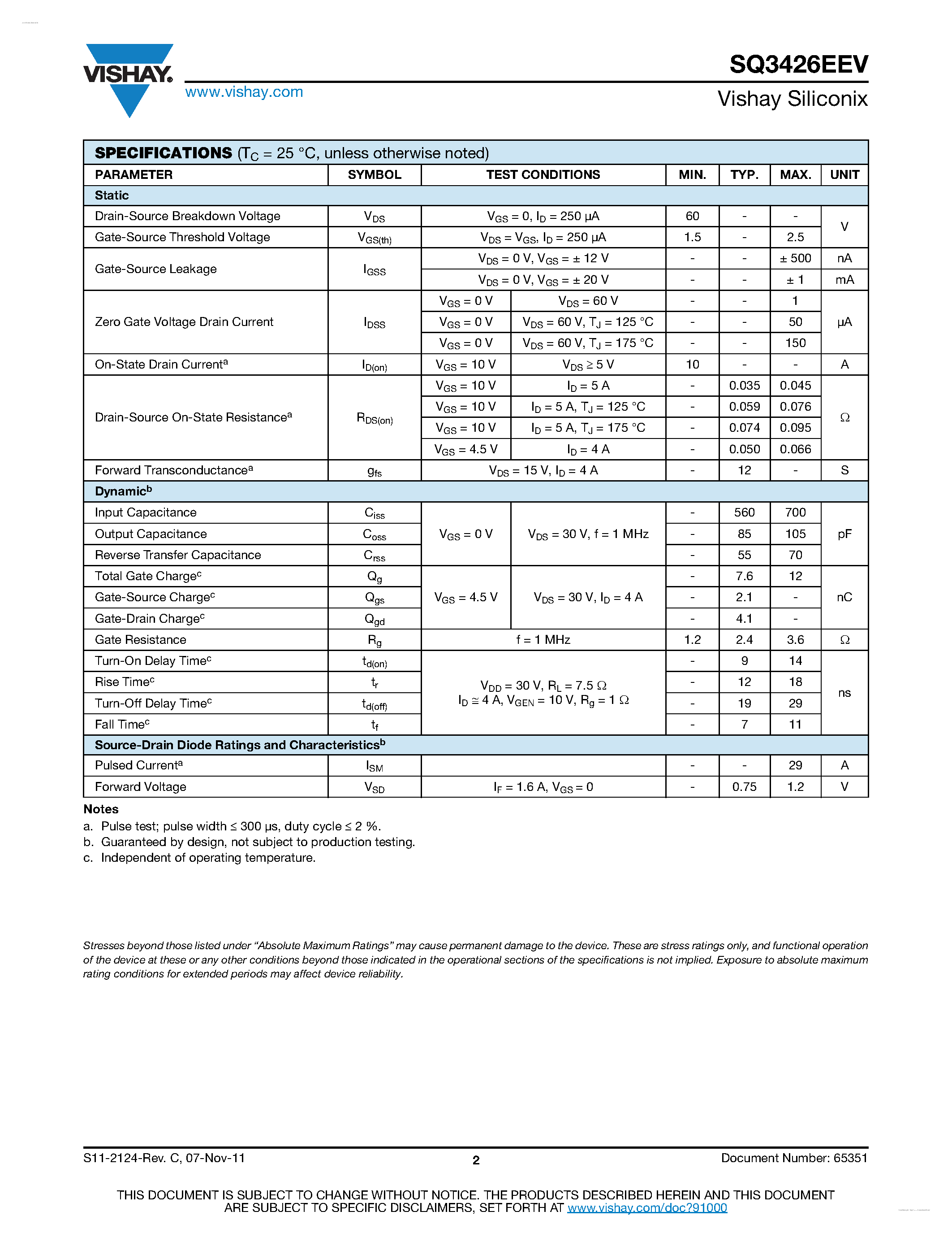Datasheet SQ3426EEV - Automotive N-Channel MOSFET page 2