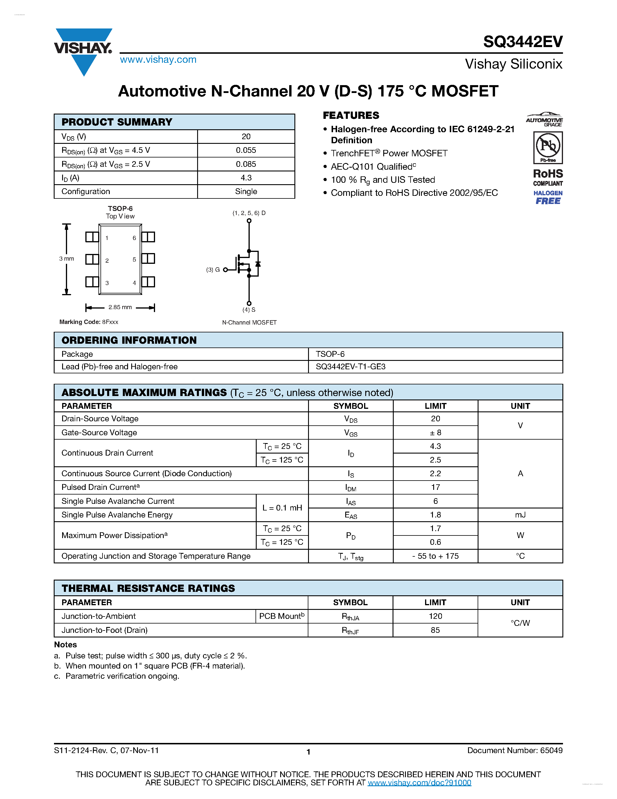 Datasheet SQ3442EV - Automotive N-Channel MOSFET page 1
