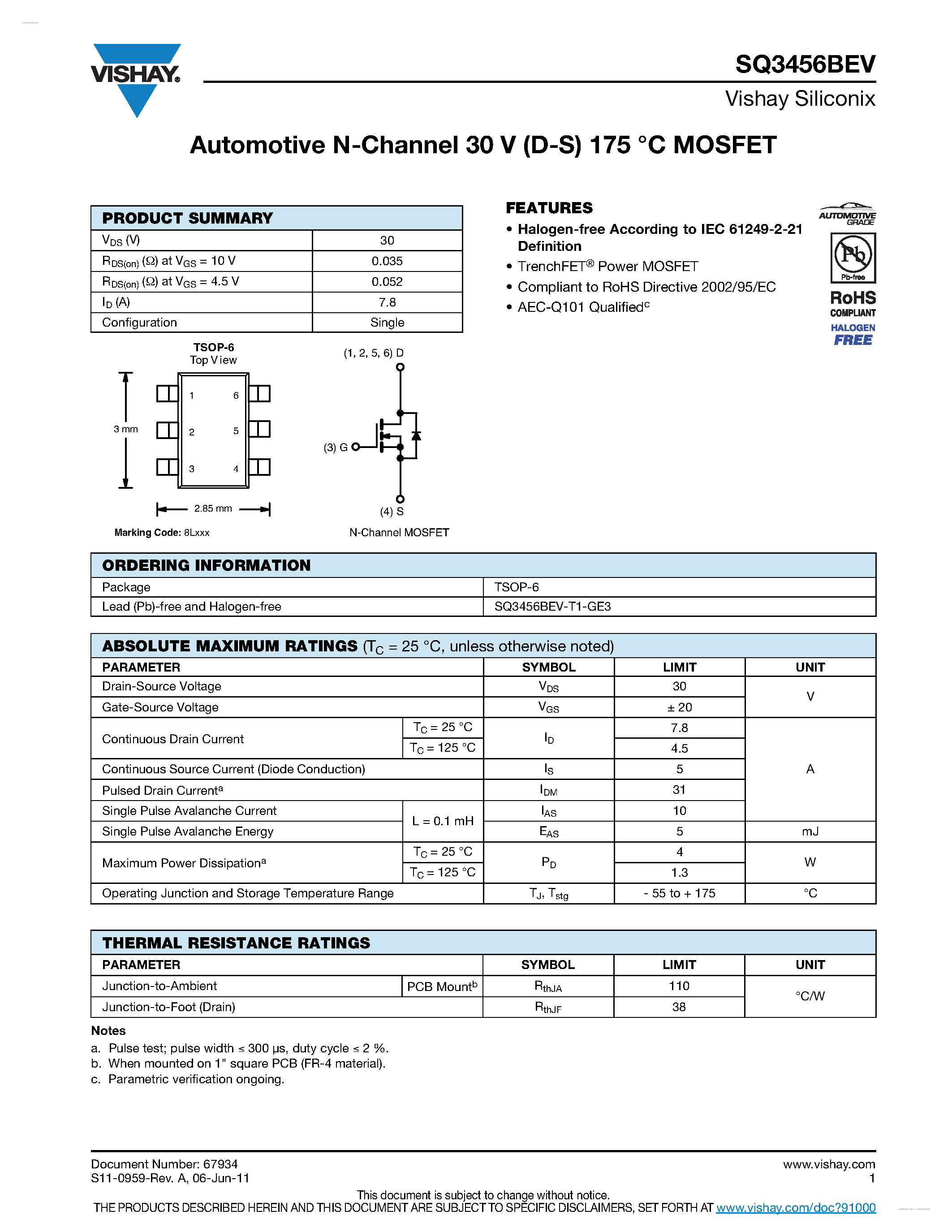 Datasheet SQ3456BEV - Automotive N-Channel MOSFET page 1
