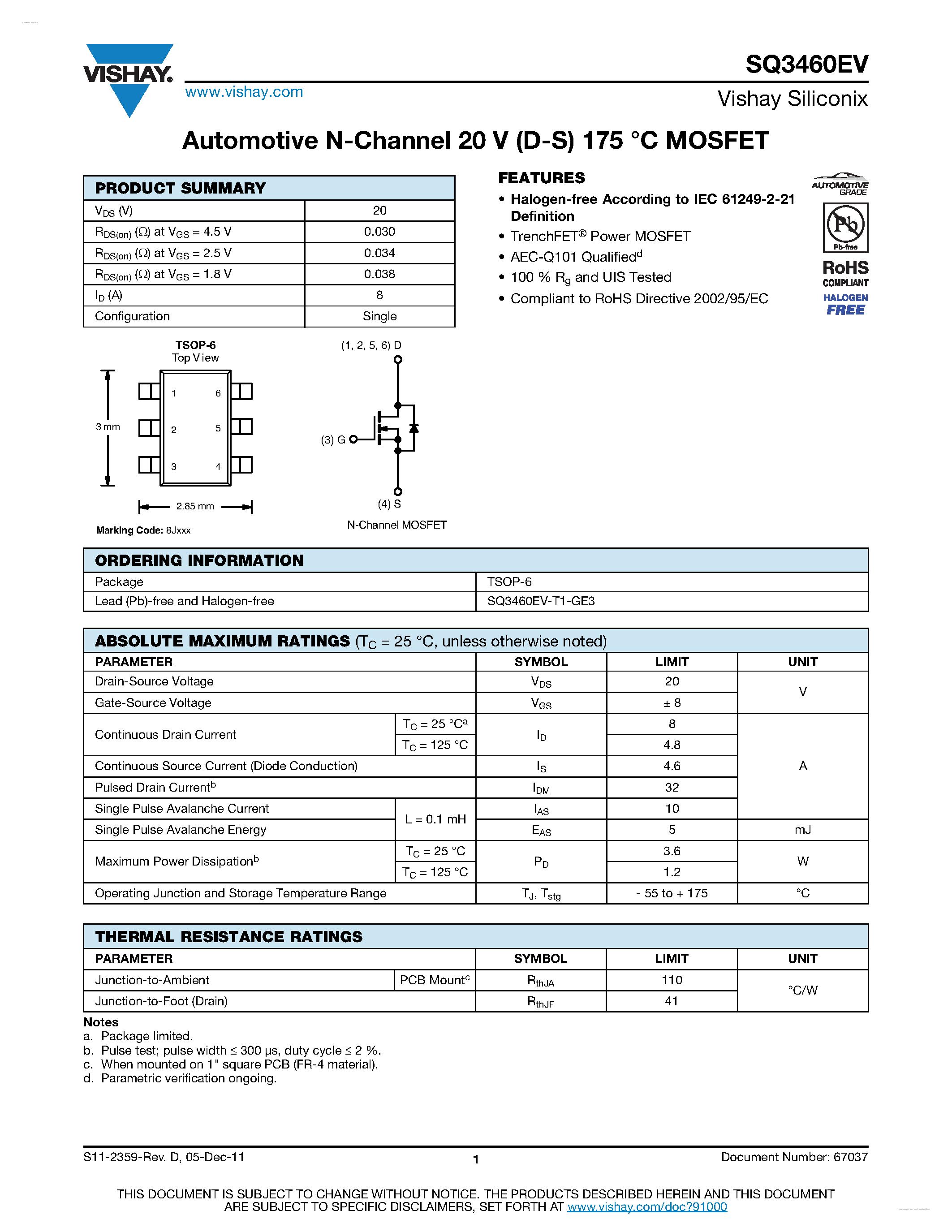 Datasheet SQ3460EV - Automotive N-Channel MOSFET page 1