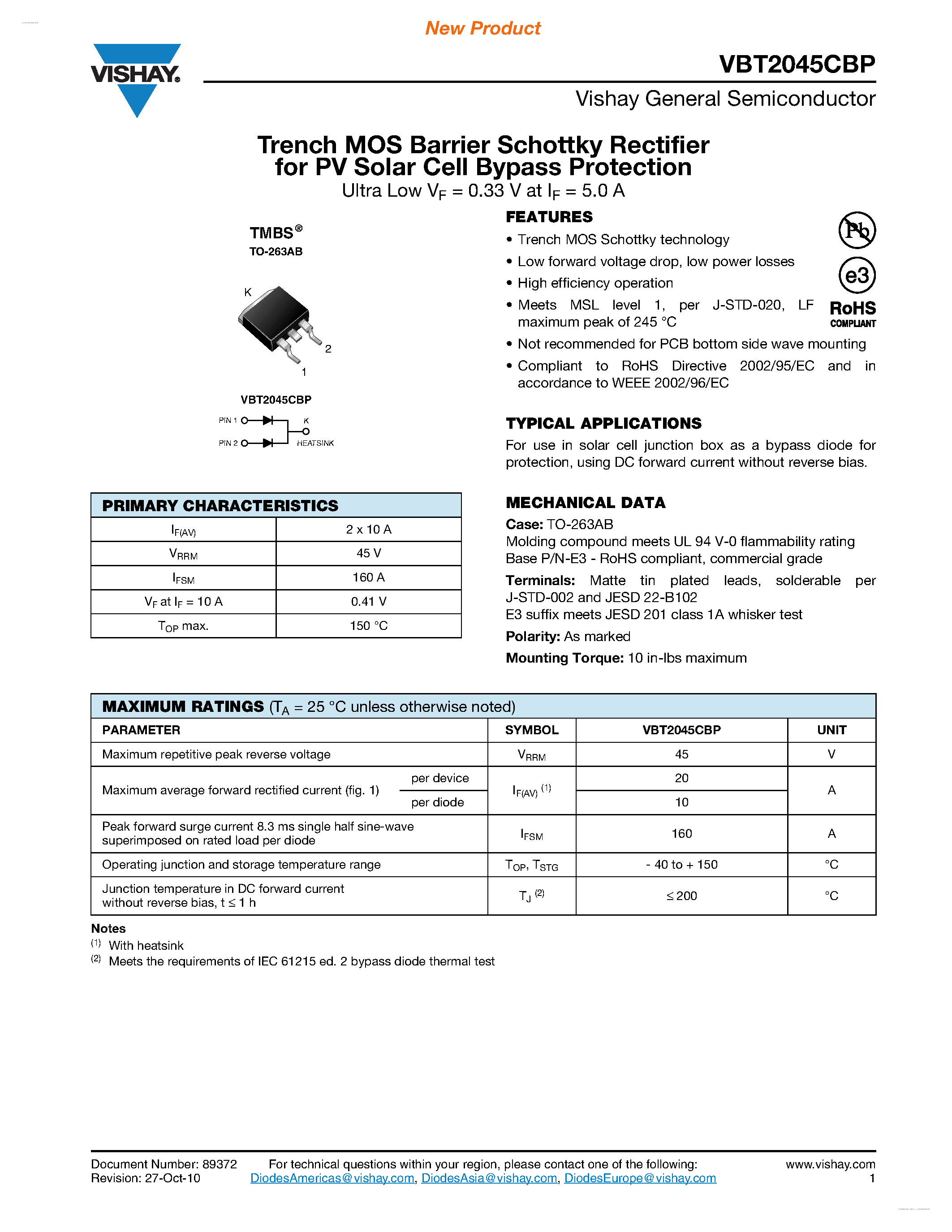 Datasheet VBT2045CBP - Trench MOS Barrier Schottky Rectifier Rectifier page 1