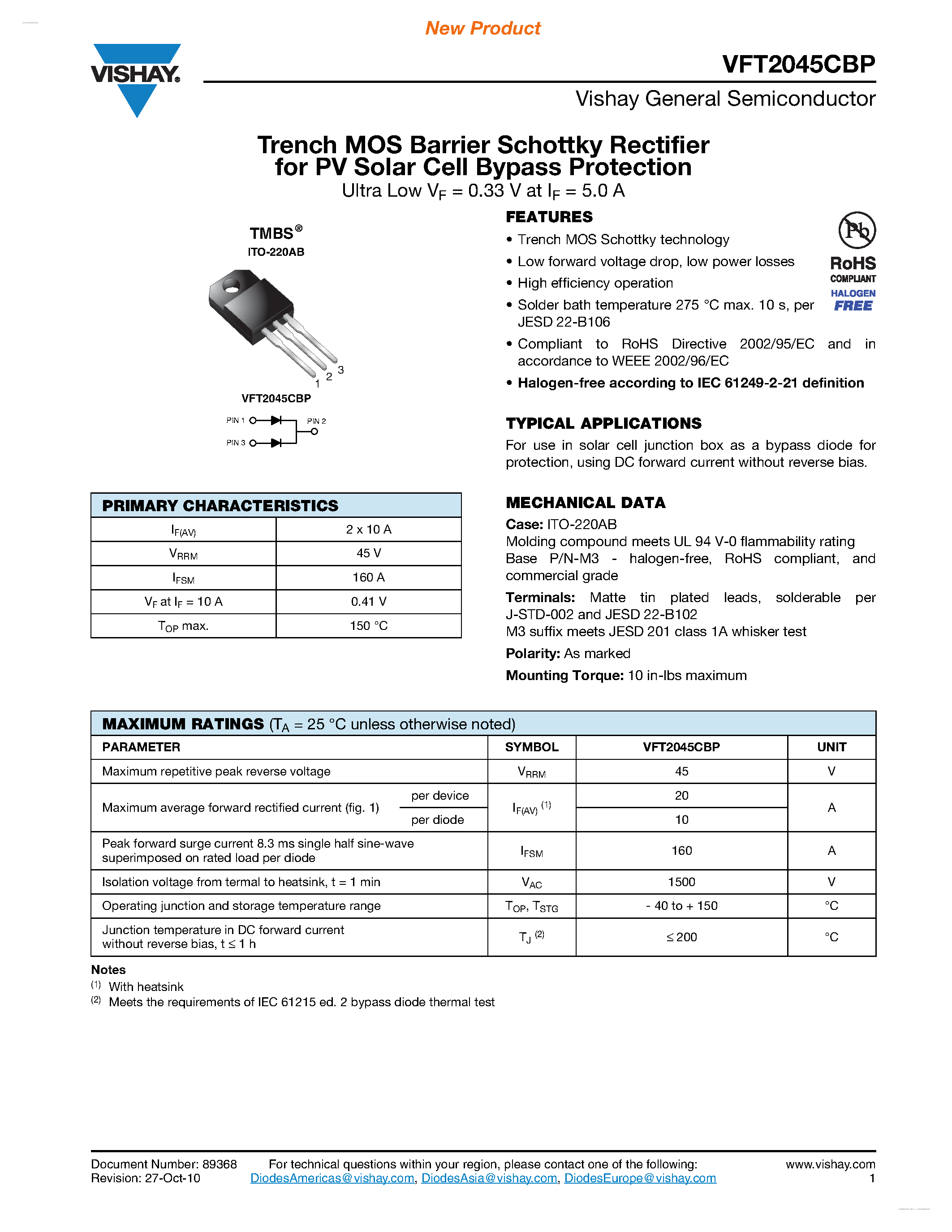 Datasheet VFT2045CBP page 1 Datasheet VFT2045CBP - Trench MOS Barrier Schottky Rectifier Rectifier page 1