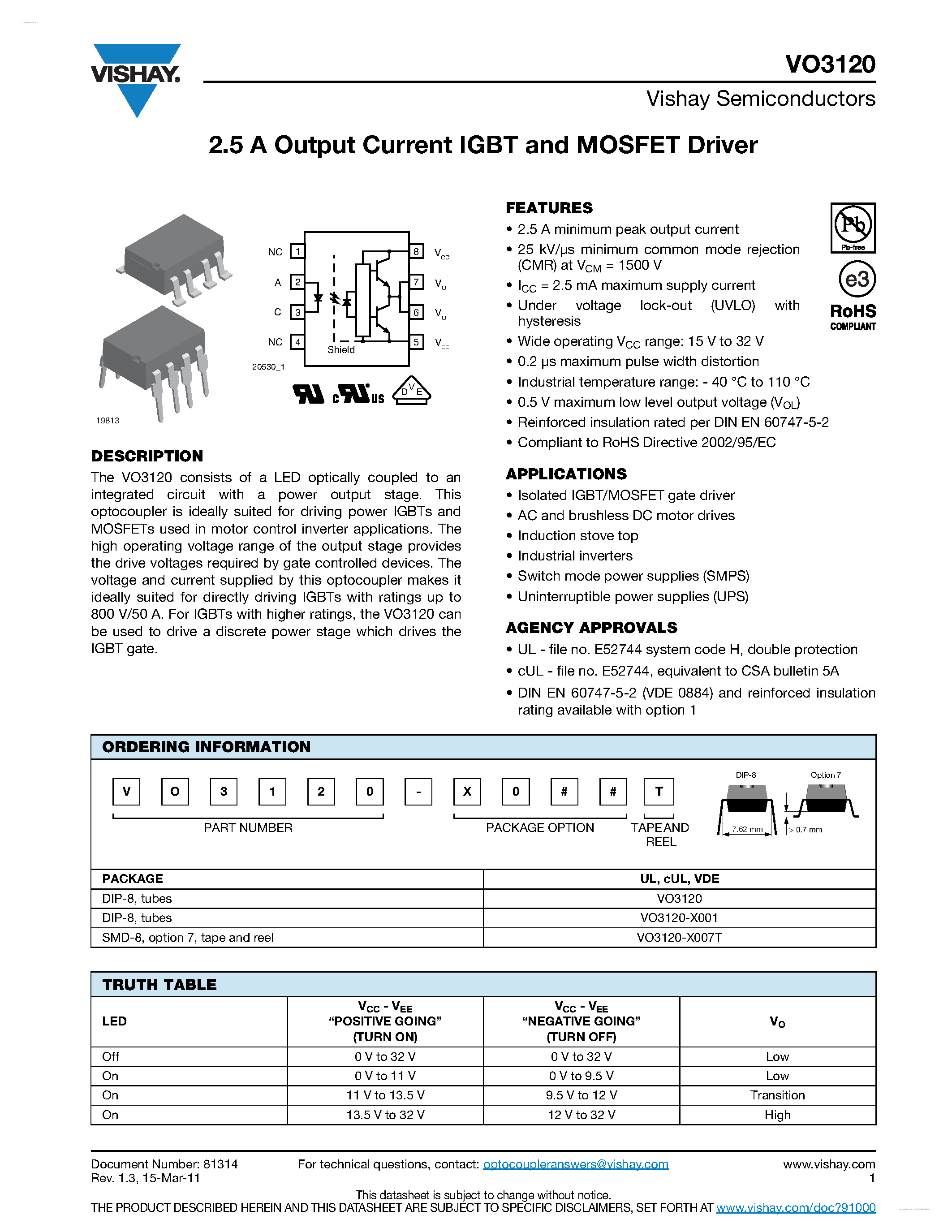 Datasheet VO3120 - 2.5 A Output Current IGBT and MOSFET Driver page 1